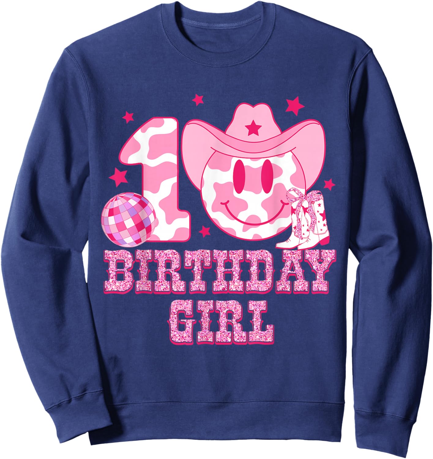 10th Birthday Girls 10 Year Old Cowgirl Western Disco Ball Sweatshirt - Sweatshirt | Navy