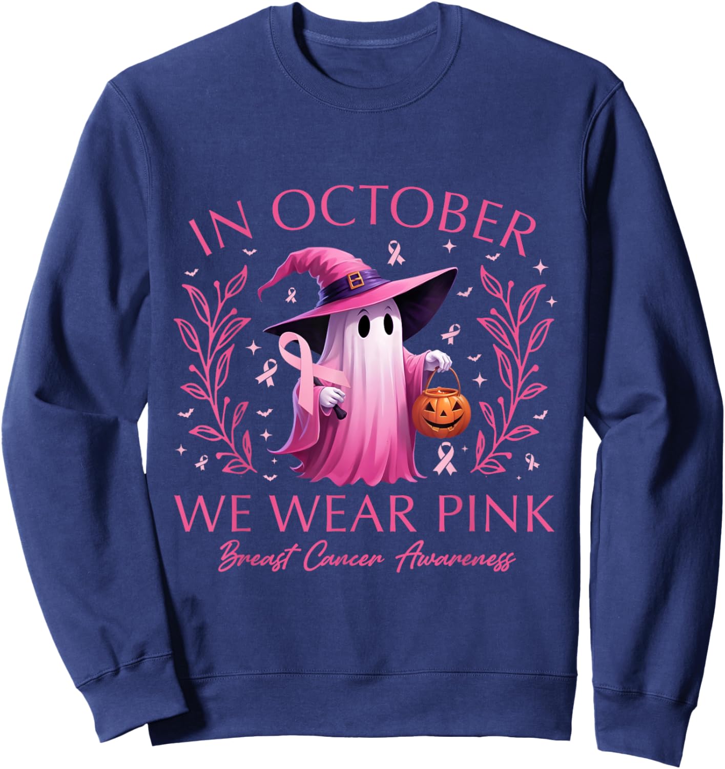 In October We Wear Pink Ghost Witch Breast Cancer Awareness Sweatshirt - Sweatshirt | Navy