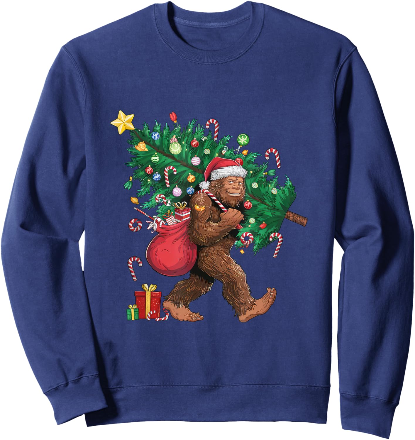 Bigfoot Santa Most Wonderful Christmas Tree Lights Sasquatch Sweatshirt - Sweatshirt | Navy