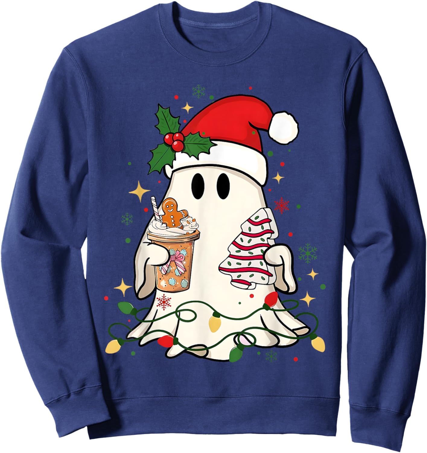 Cute Christmas Ghost Coffee Tree Cake Xmas Lights Boojee Sweatshirt - Sweatshirt | Navy