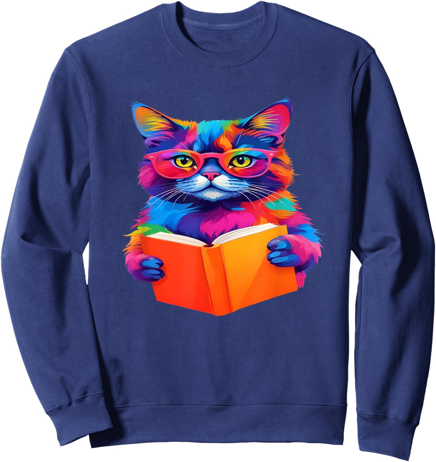 Cat Book Shirt - Colorful Cat Reading Book Sweatshirt - Sweatshirt | Navy