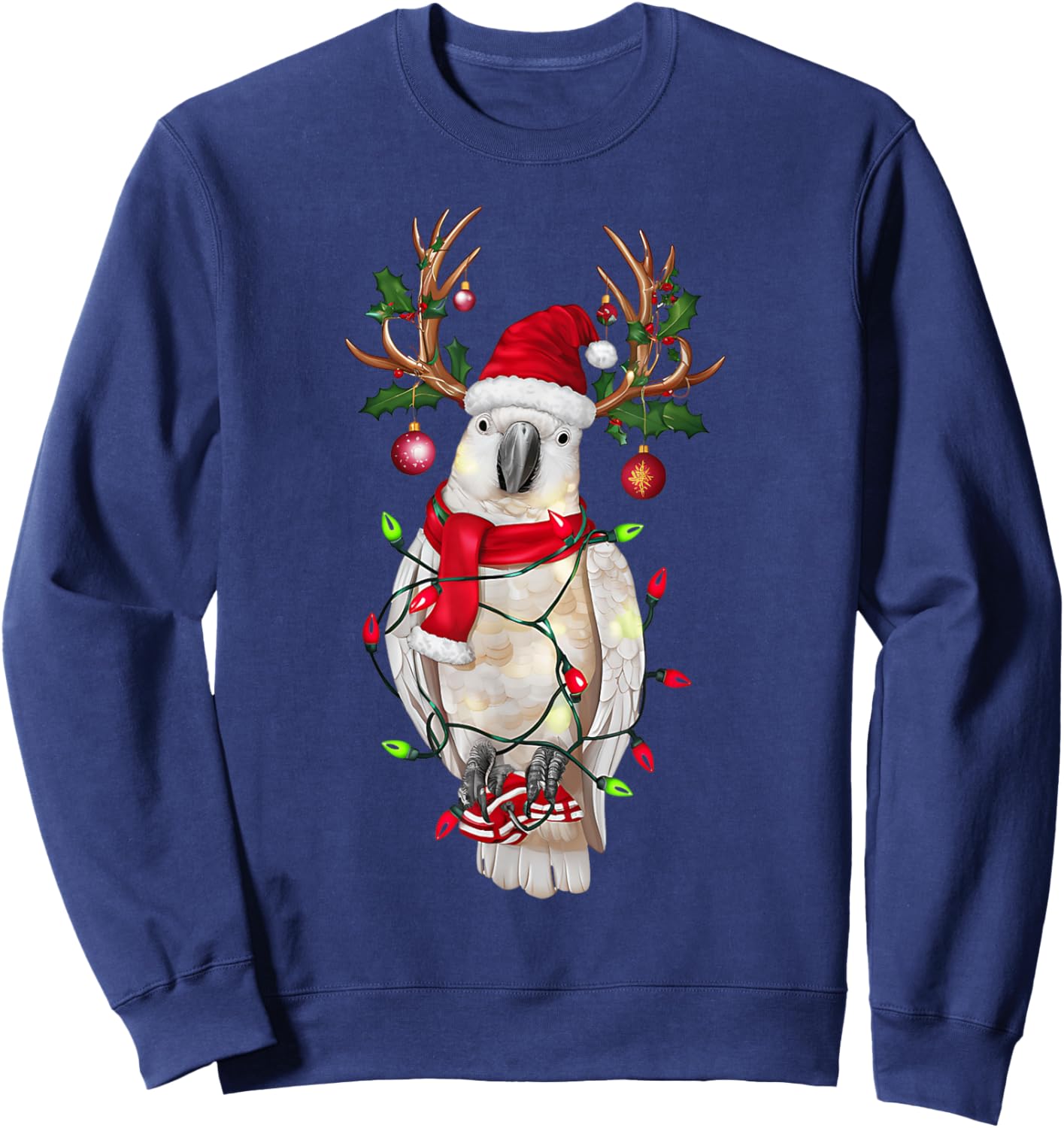 Funny Cockatoo Reindeer Christmas Tree Light Xmas - Black, -Adults & Kids, Short Sleeve, , Size Small Sweatshirt - Sweatshirt | Navy