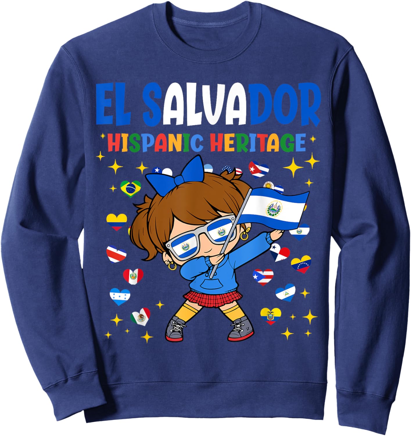 Hispanic Heritage Month El Salvador Flag Salvadoran Girl Kid Sweatshirt - Sweatshirt | Navy
