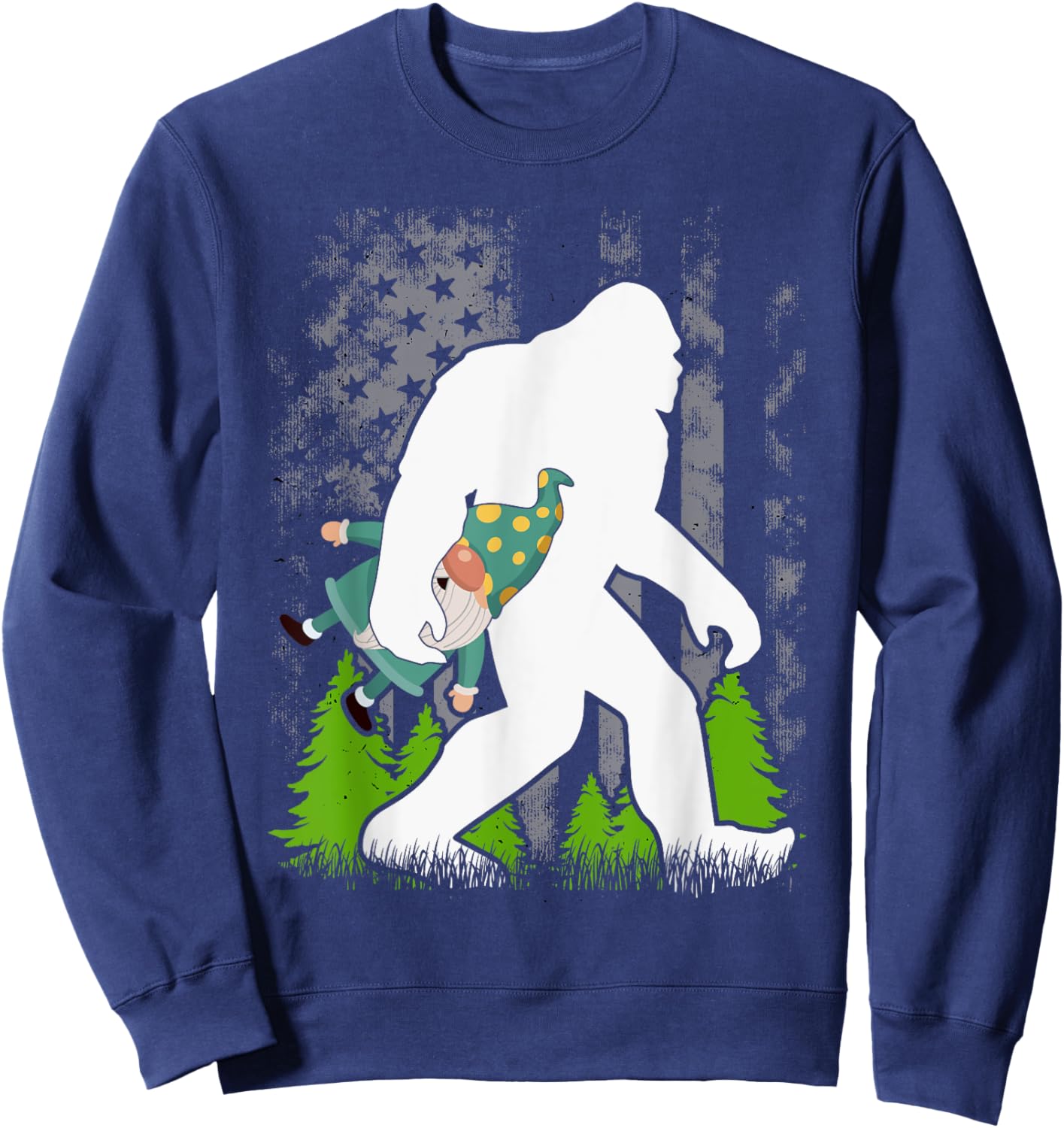 Bigfoot Carrying Gnome Funny Cute Sasquatch Sweatshirt - Sweatshirt | Navy