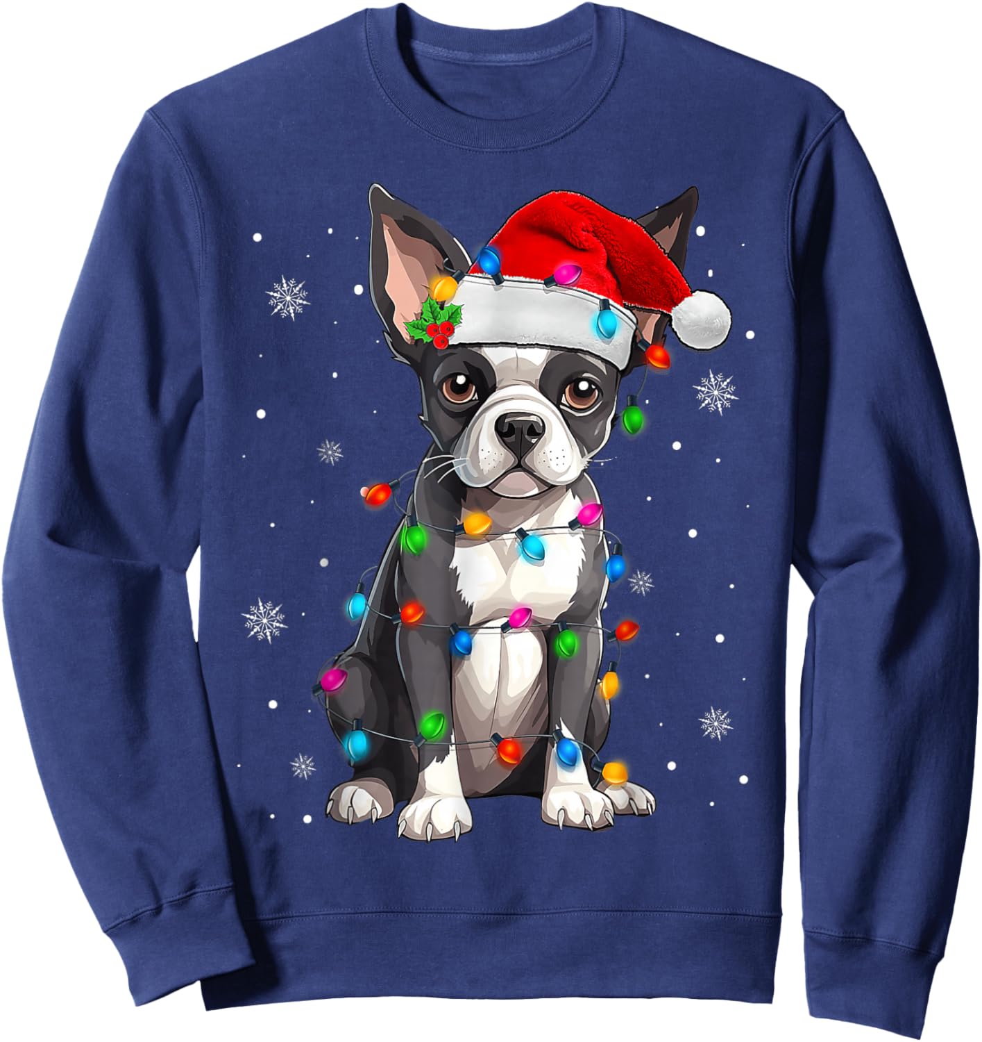 Boston Terrier Christmas Santa Hat Tree Lights Pajama Sweatshirt - Sweatshirt | Navy