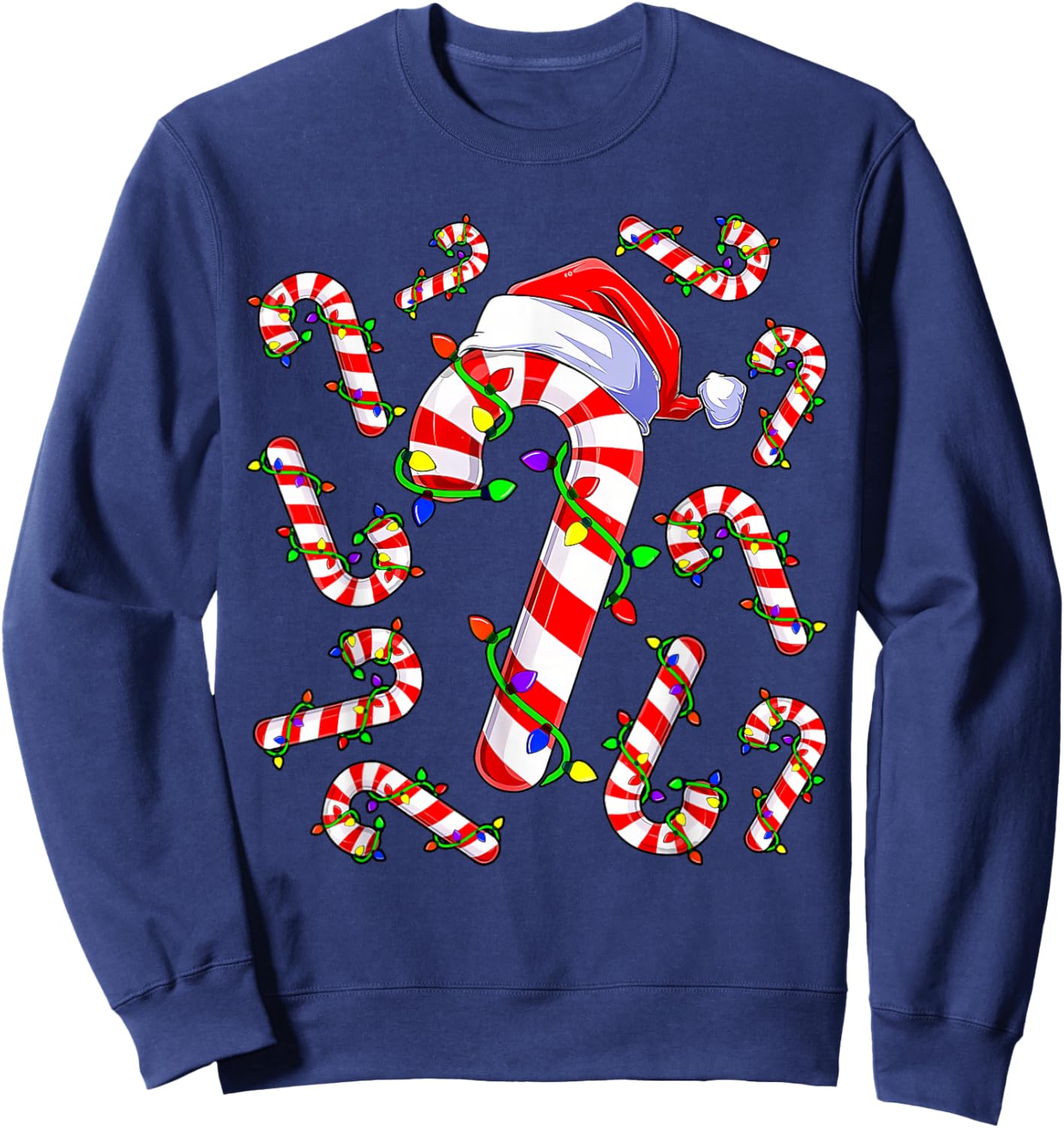 Red and White Christmas Candy Cane Santa Lights Christmas Sweatshirt - Sweatshirt | Navy