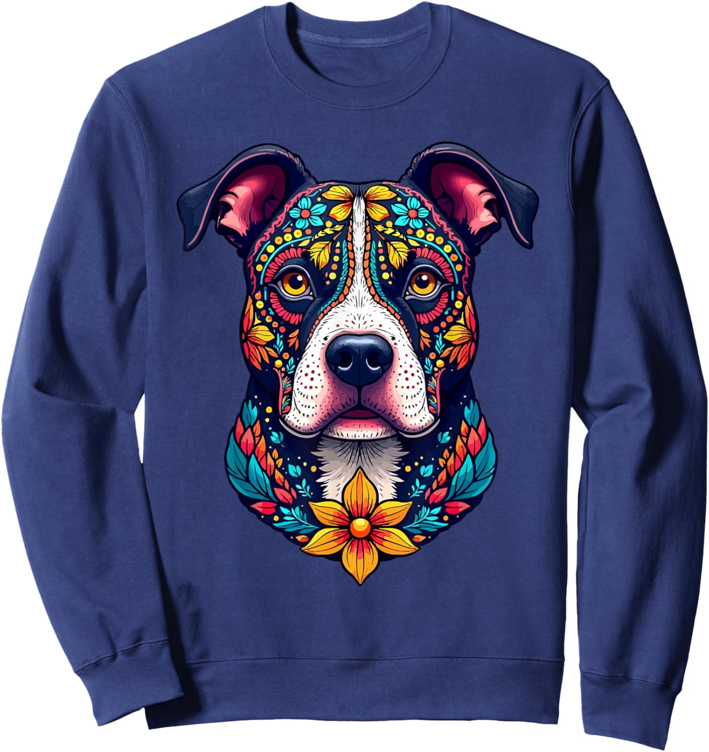 Mexican Sugar Skull Pitbull Dog Dia de Muertos Halloween Day Sweatshirt - Sweatshirt | Navy