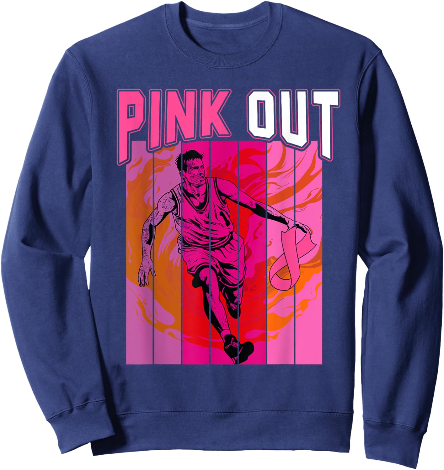 Retro Pink Out Breast Cancer Basketball Player & Pink Ribbon Sweatshirt - Sweatshirt | Navy