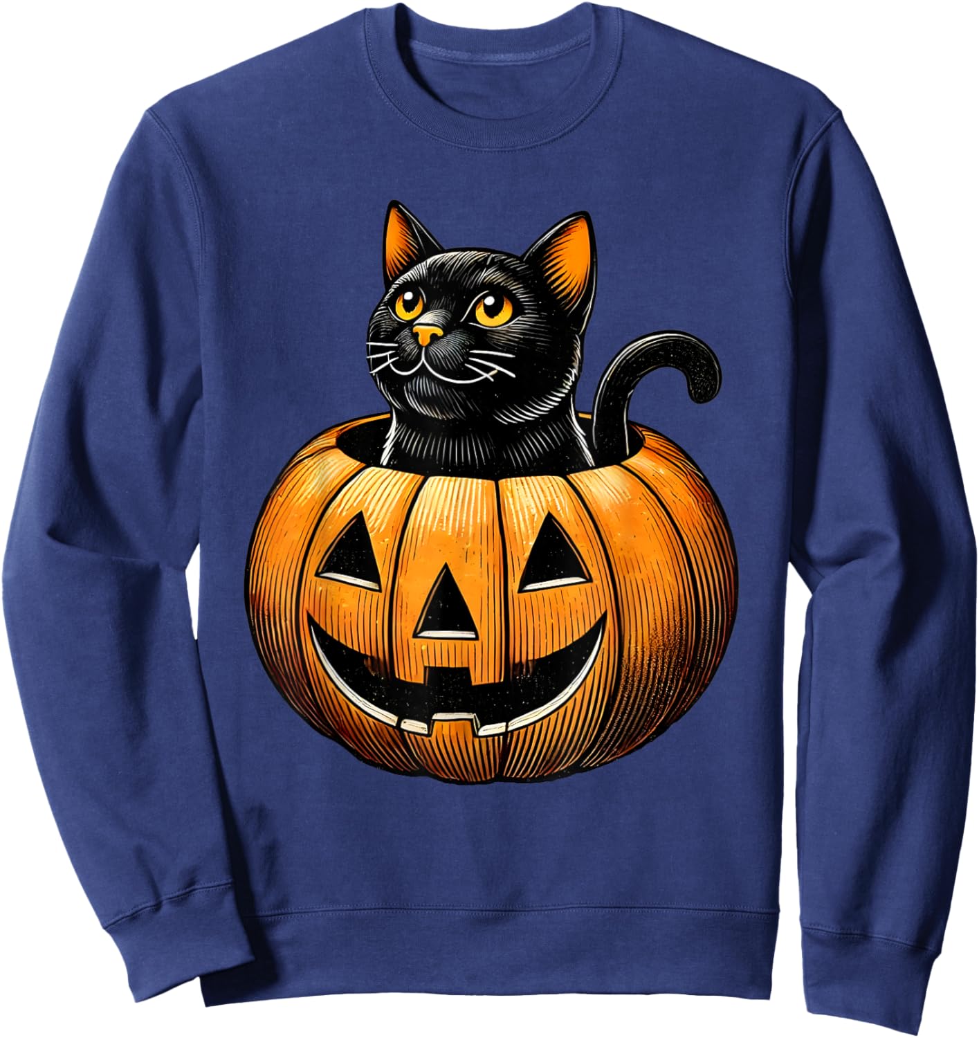 Retro Black Cat in Pumpkin Fun Halloween Costume Men Women Kids Sweatshirt - Sweatshirt | Navy