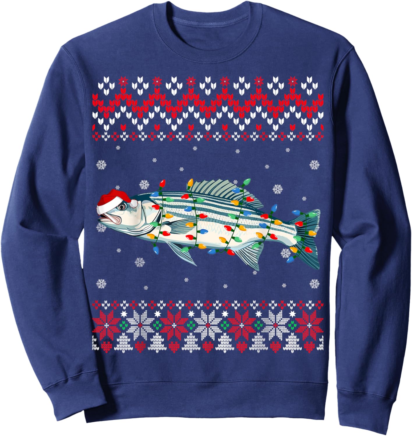 Striped Bass Fish Santa Hat Women Kids Ugly Christmas Light Sweatshirt - Sweatshirt | Navy