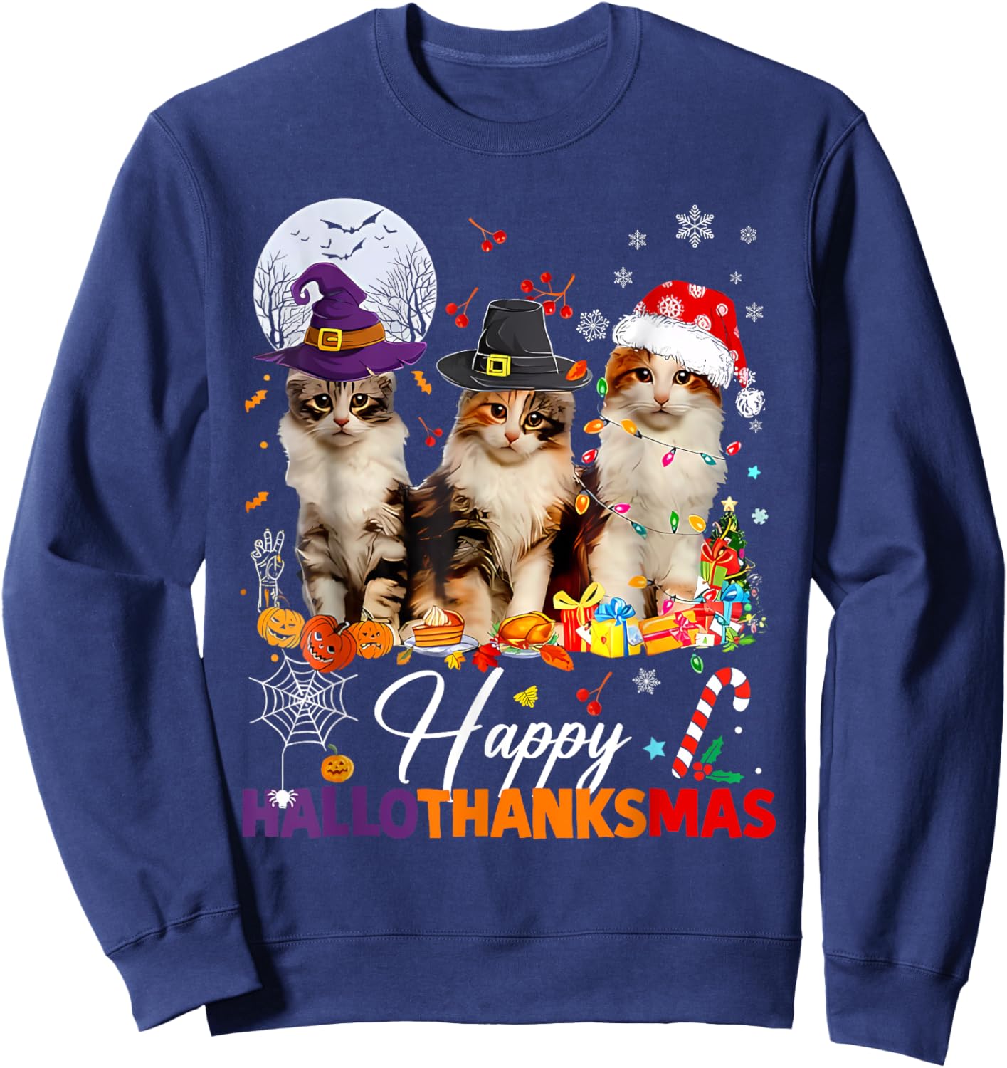 Happy Hallothanksmas Cute Cats Halloween Thanksgiving Xmas Sweatshirt - Sweatshirt | Navy