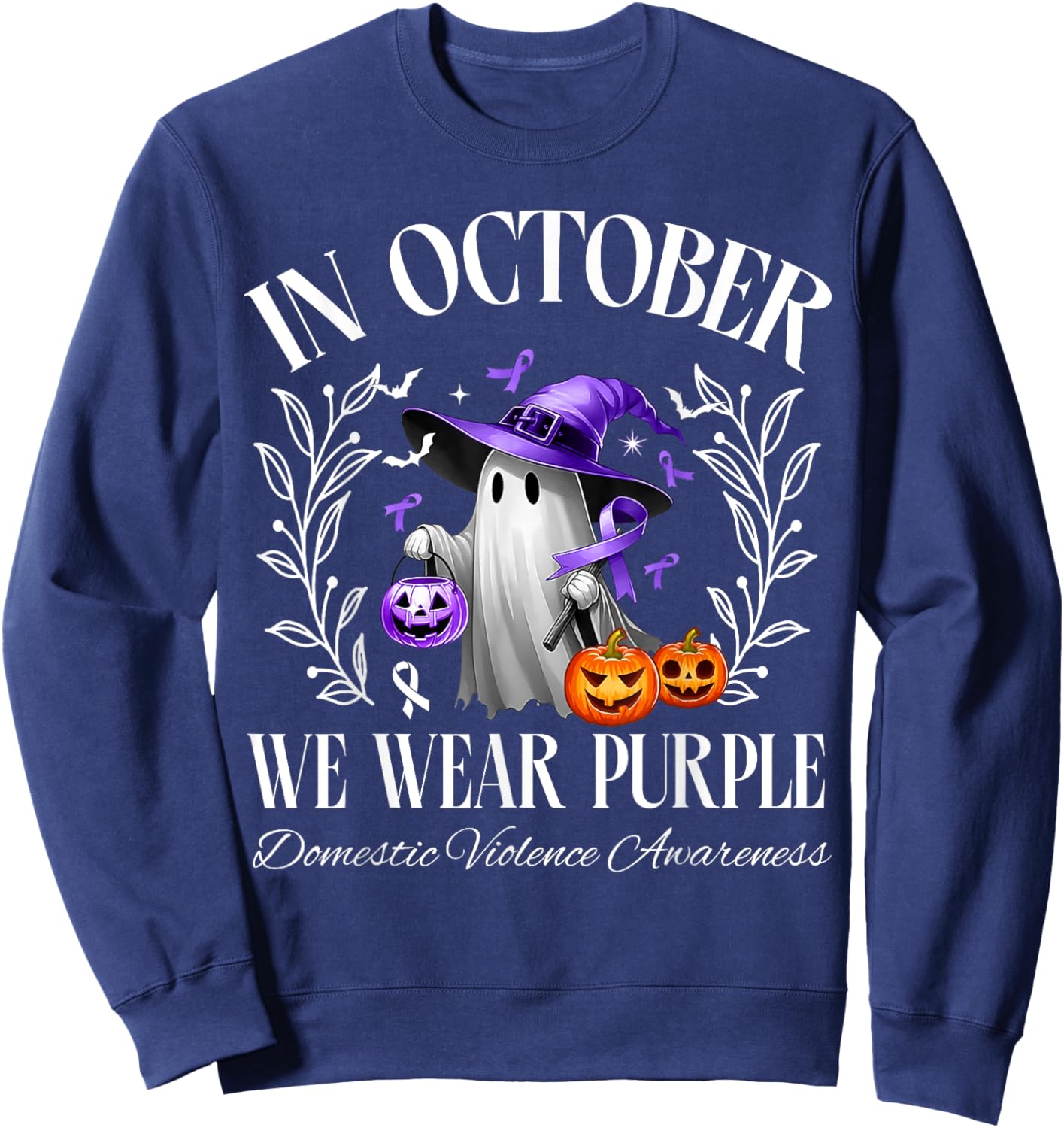 In October We Wear Purple Domestic Violence Ghost Halloween Sweatshirt - Sweatshirt | Navy