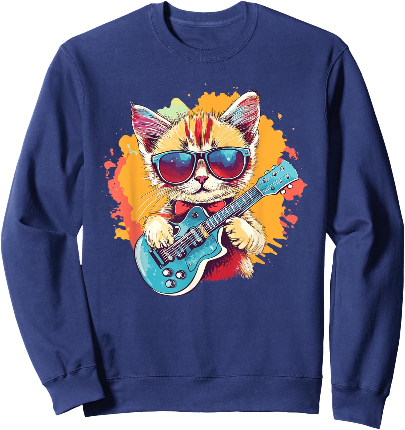 Cat Playing Guitar With Sunglasses Style Women Kids Sweatshirt - Sweatshirt | Navy