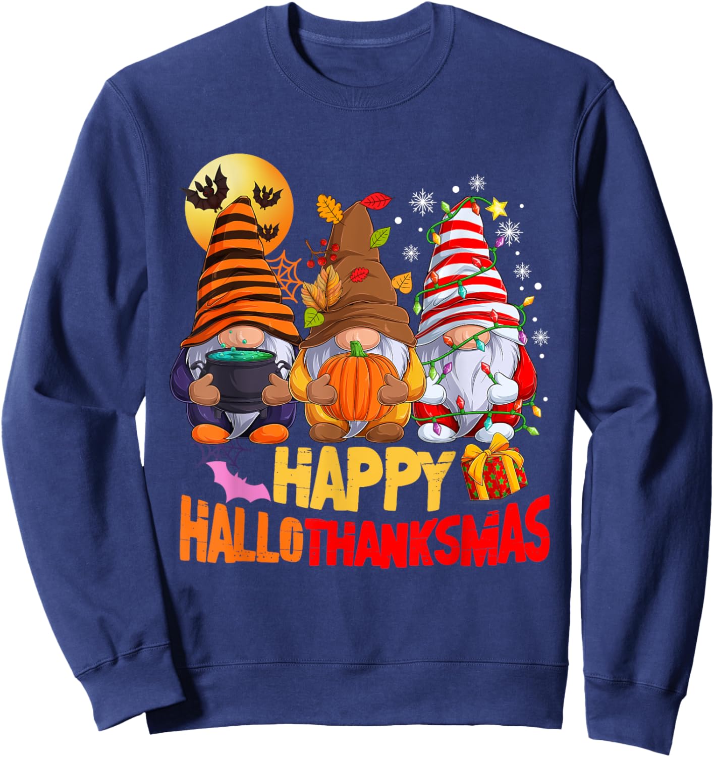 Happy Hallothanksmas Gnomes Lover Halloween Merry Christmas Sweatshirt - Sweatshirt | Navy