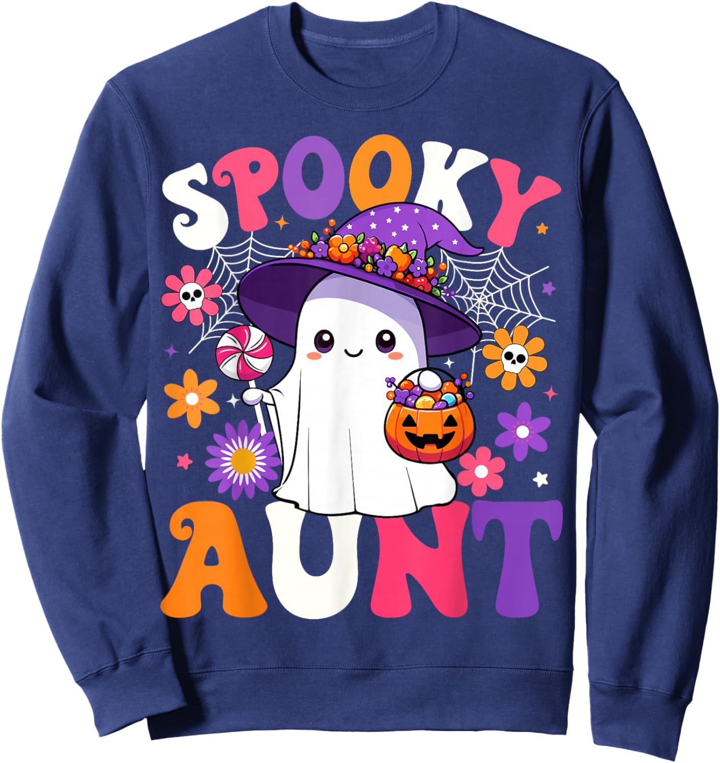 Groovy Spooky Aunt Halloween Ghost Pumpkin Halloween Auntie Sweatshirt - Sweatshirt | Navy