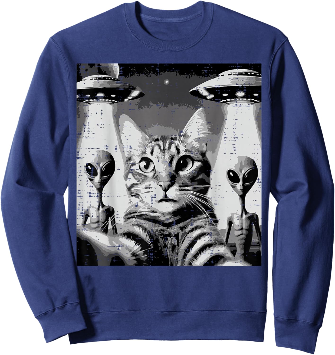 Cat Selfie With Aliens UFO Funny Encounter Men Women Kids Sweatshirt - Sweatshirt | Navy