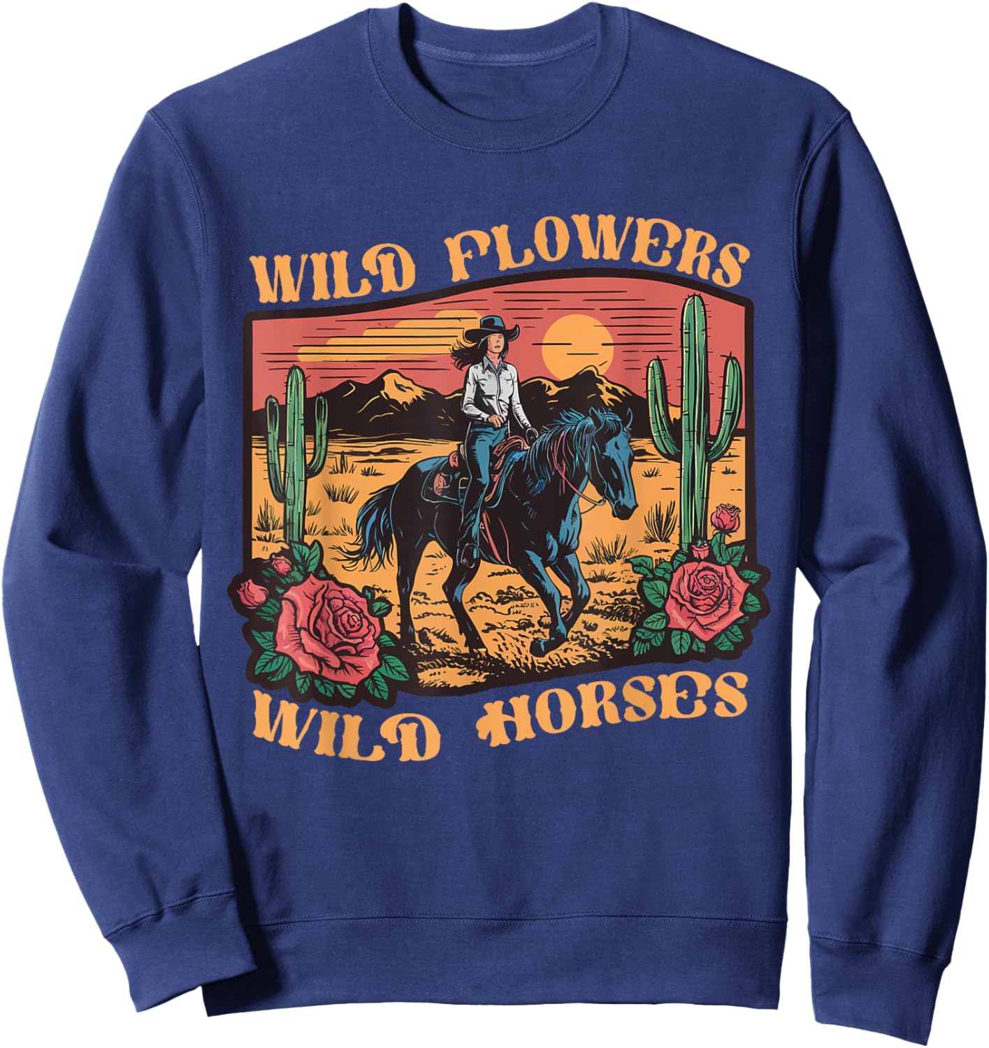 Vintage Sunset Cowgirl Riding Horse Wildflowers Women Girls Sweatshirt - Sweatshirt | Navy