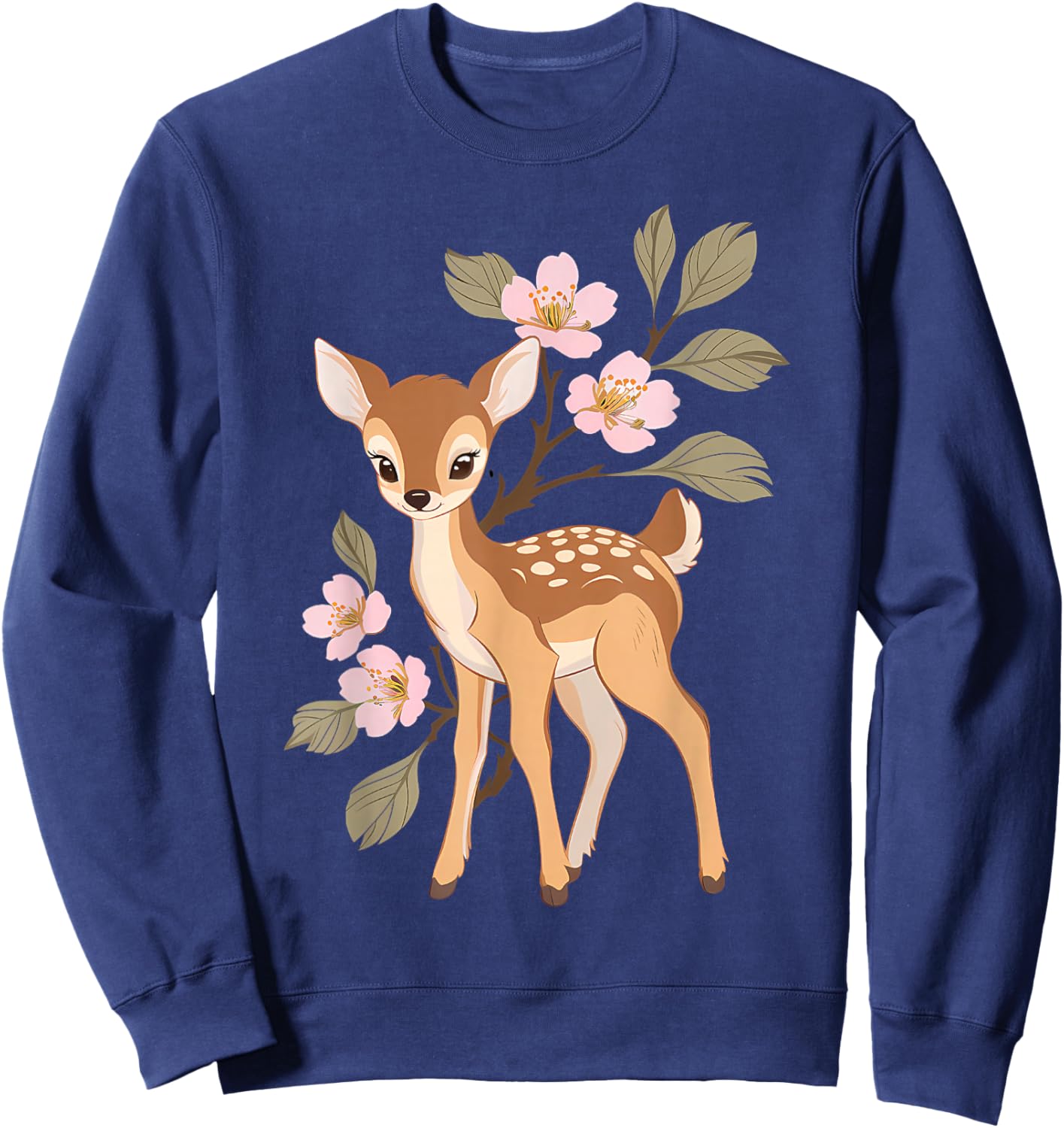 Cute Kawaii Japanese Graphic Deer Sakura Cherry Blossom Sweatshirt - Sweatshirt | Navy