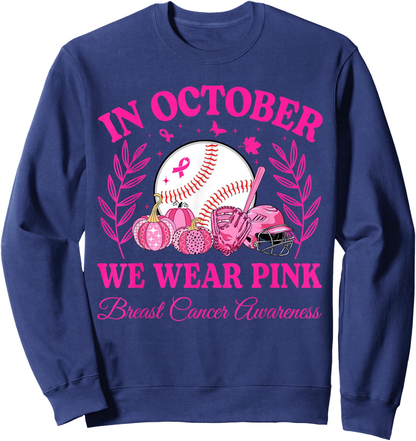 In October We Wear Pink Baseball Breast Cancer Kids Boy Girl Sweatshirt - Sweatshirt | Navy