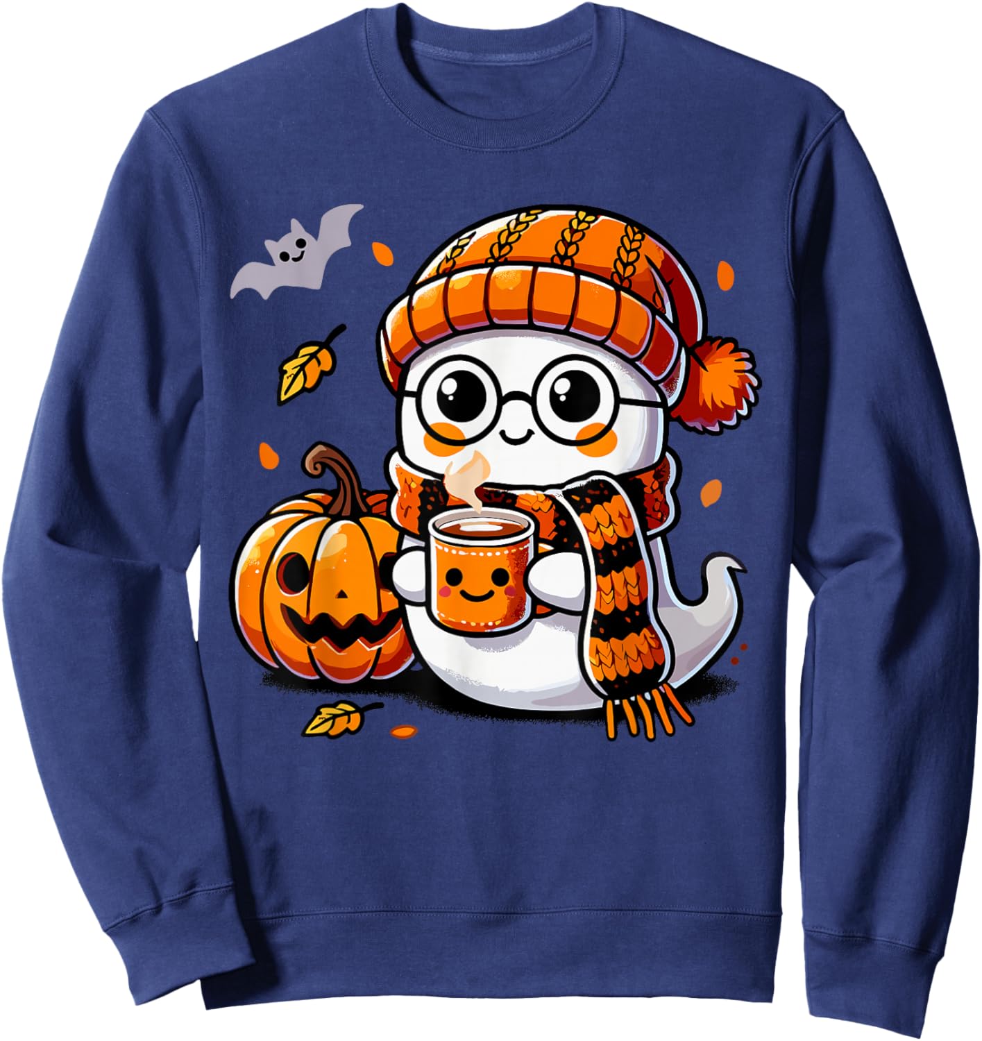 Ghost Drinking Coffee & Tea, Cute Halloween Kawaii Sweatshirt - Sweatshirt | Navy