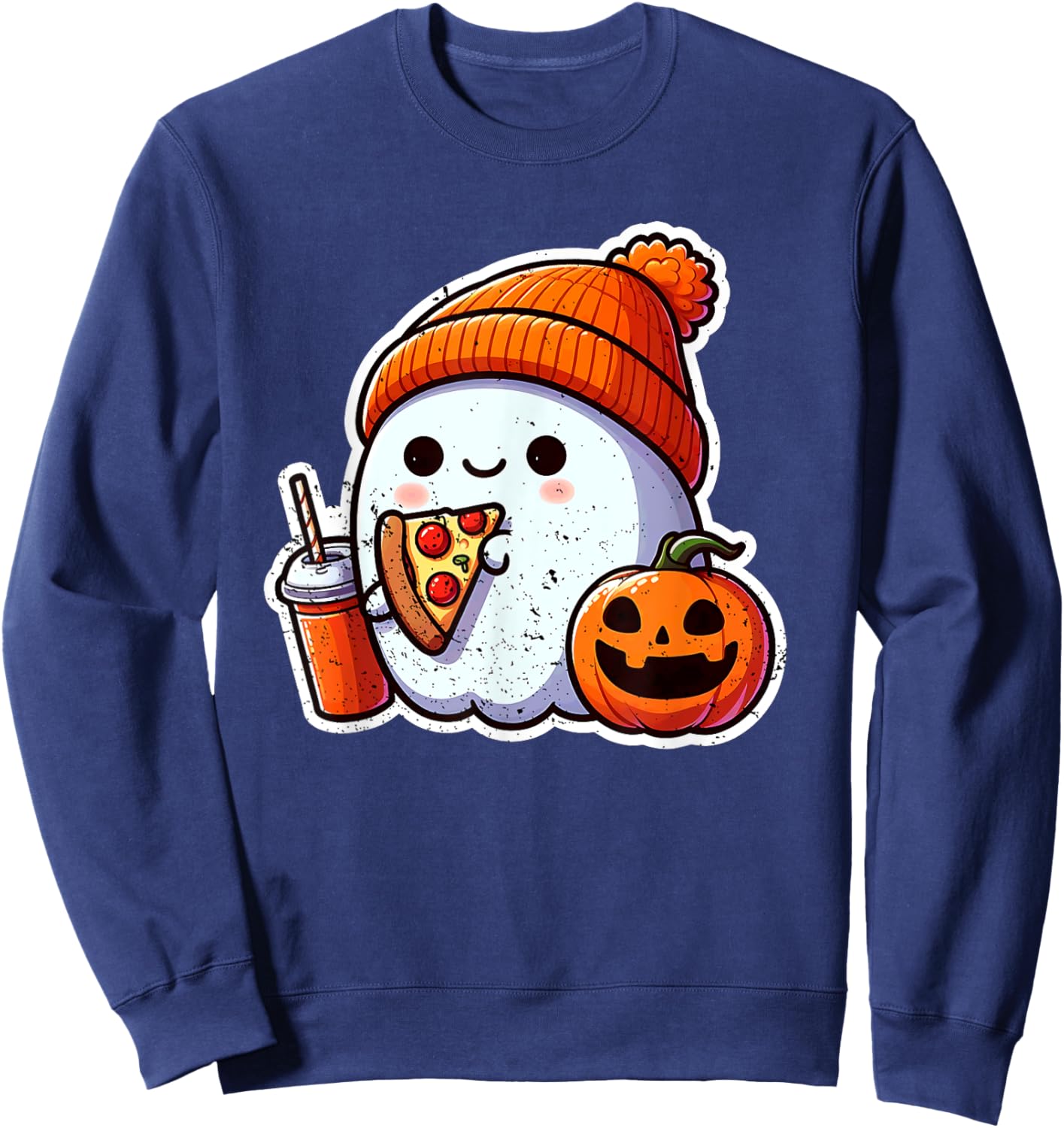 Halloween Ghost Coffee n Pizza Cute Costume Girl Kids Women Sweatshirt - Sweatshirt | Navy
