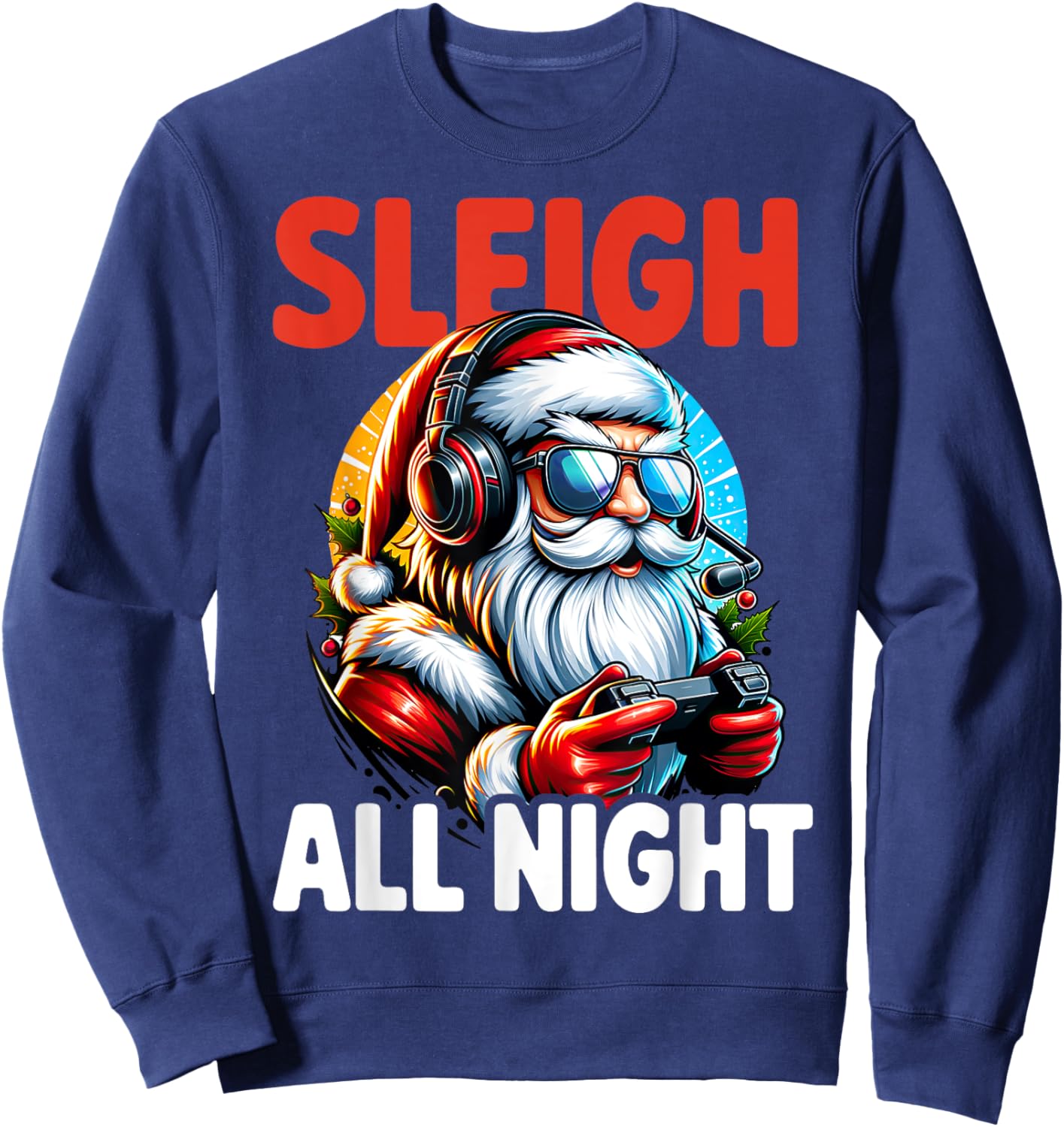 Christmas Gamer Boys Sleigh All Night Video Game Santa Xmas Sweatshirt - Sweatshirt | Navy