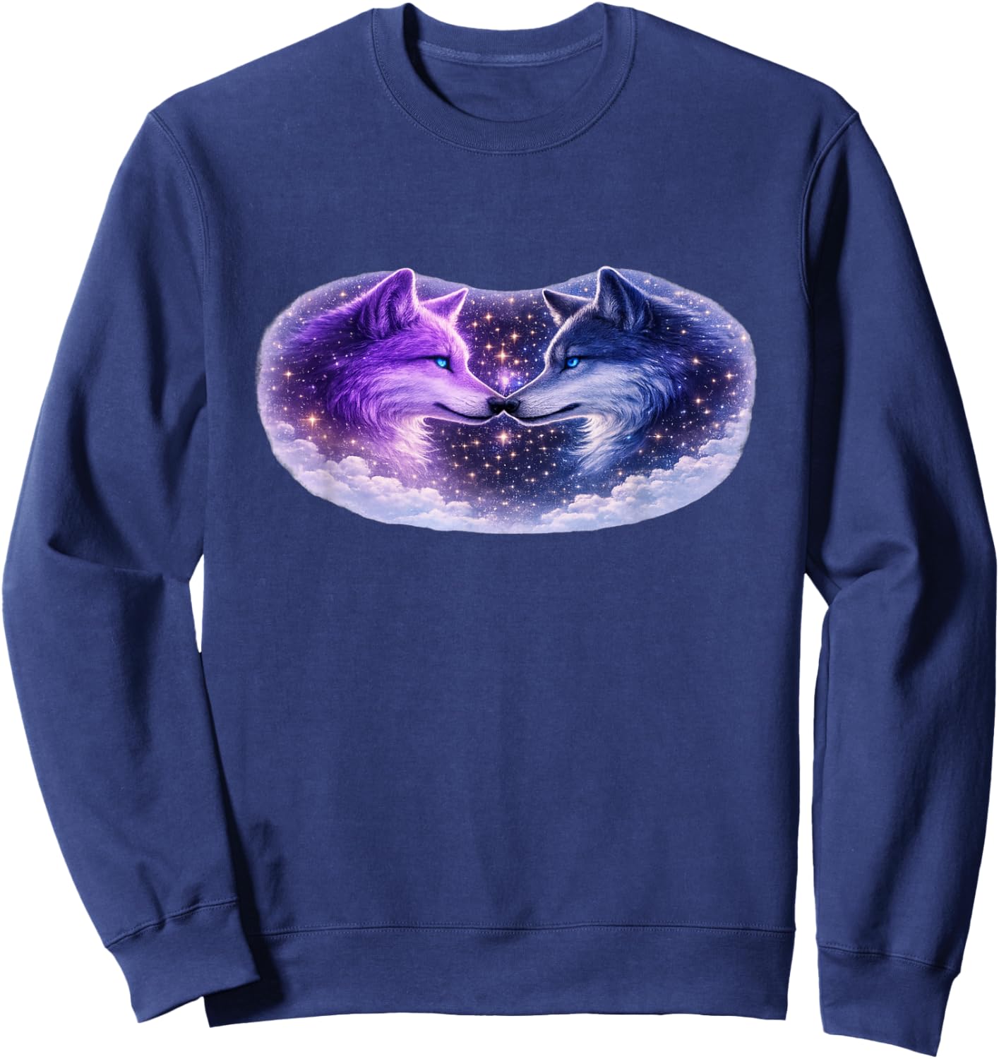 Celestial Purple Blue Wolves Cosmic Spirit Wolf Art T-Shirt - Sweatshirt | Navy