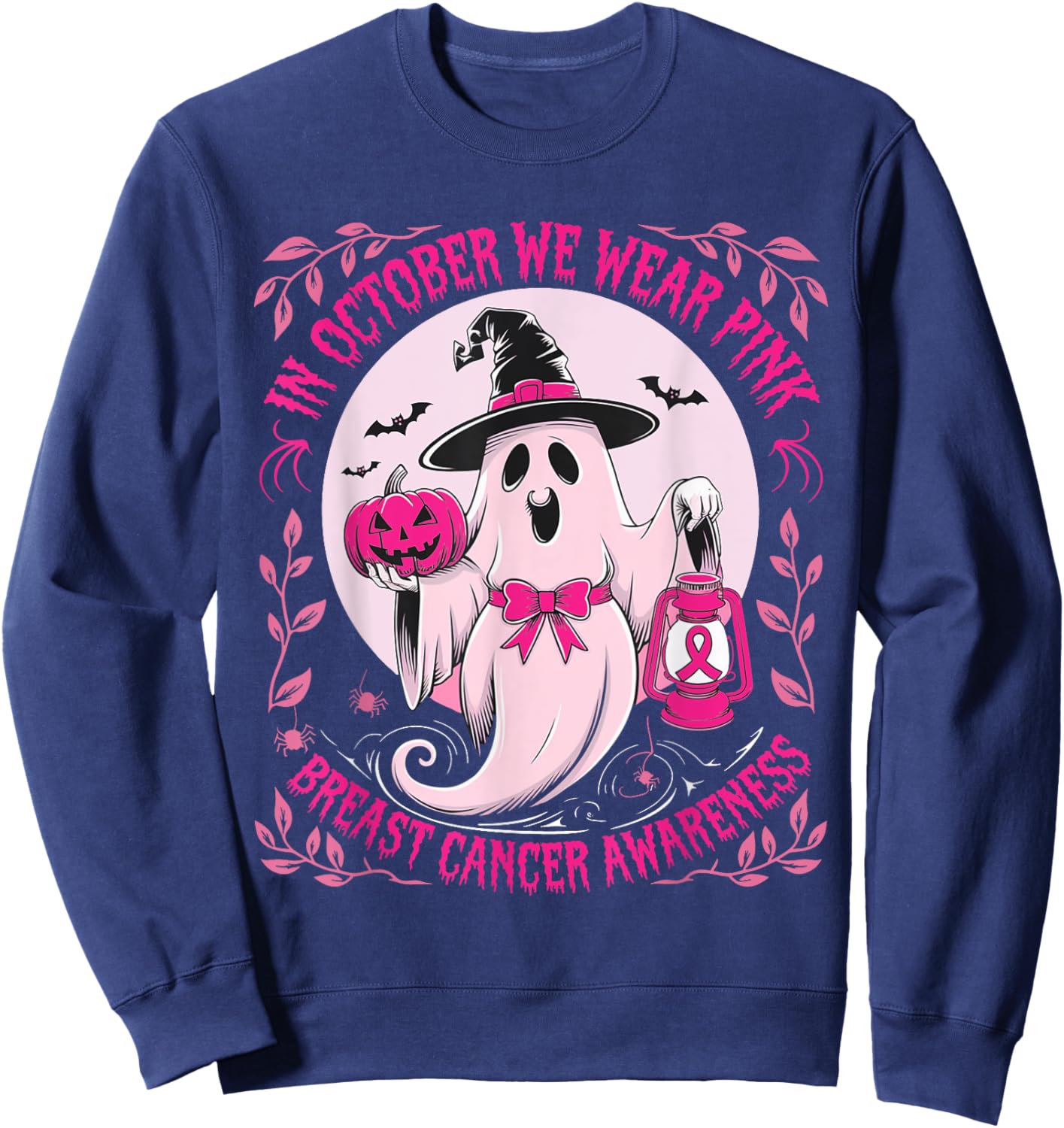 October We Wear Pink Ghost Halloween Pumpkins Breast Cancer Sweatshirt - Sweatshirt | Navy