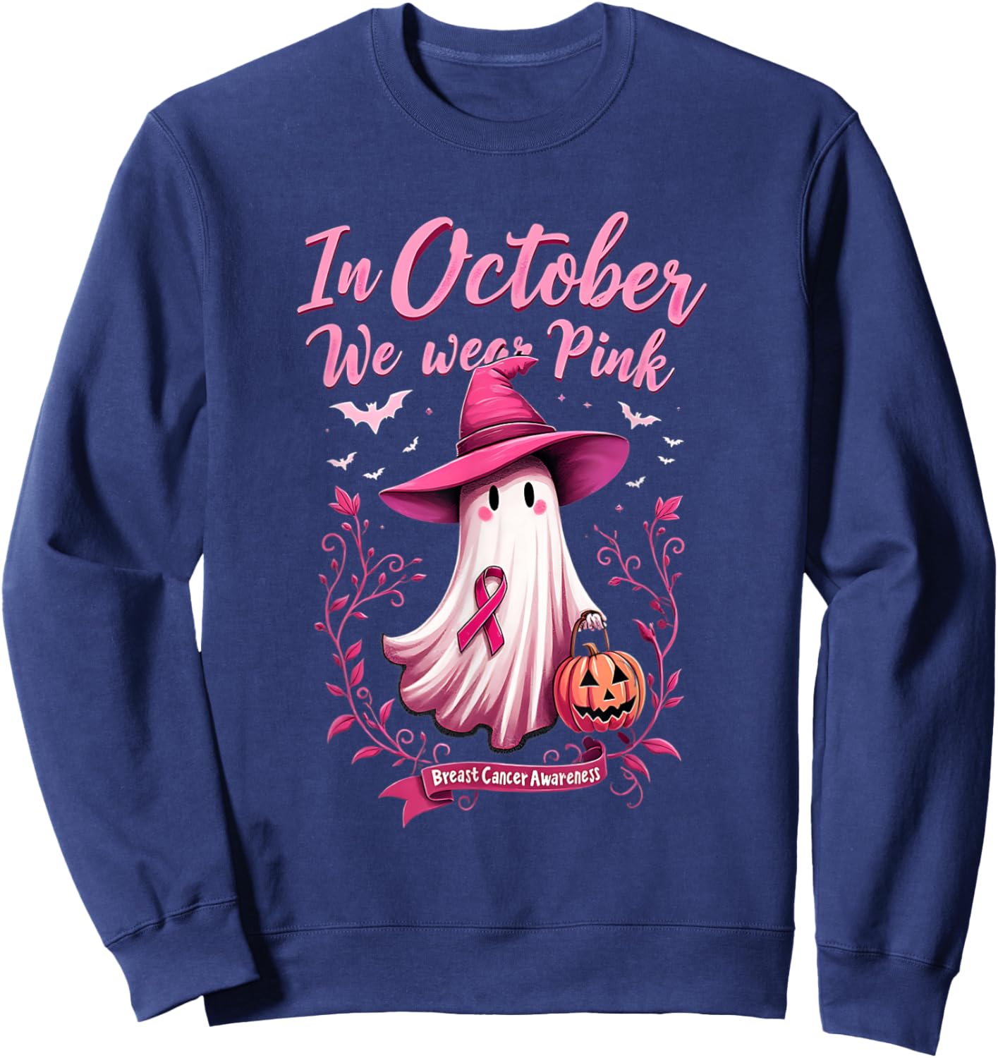 Cute We Wear Pink Ghost Witch Hat Breast Cancer Awareness Sweatshirt - Sweatshirt | Navy
