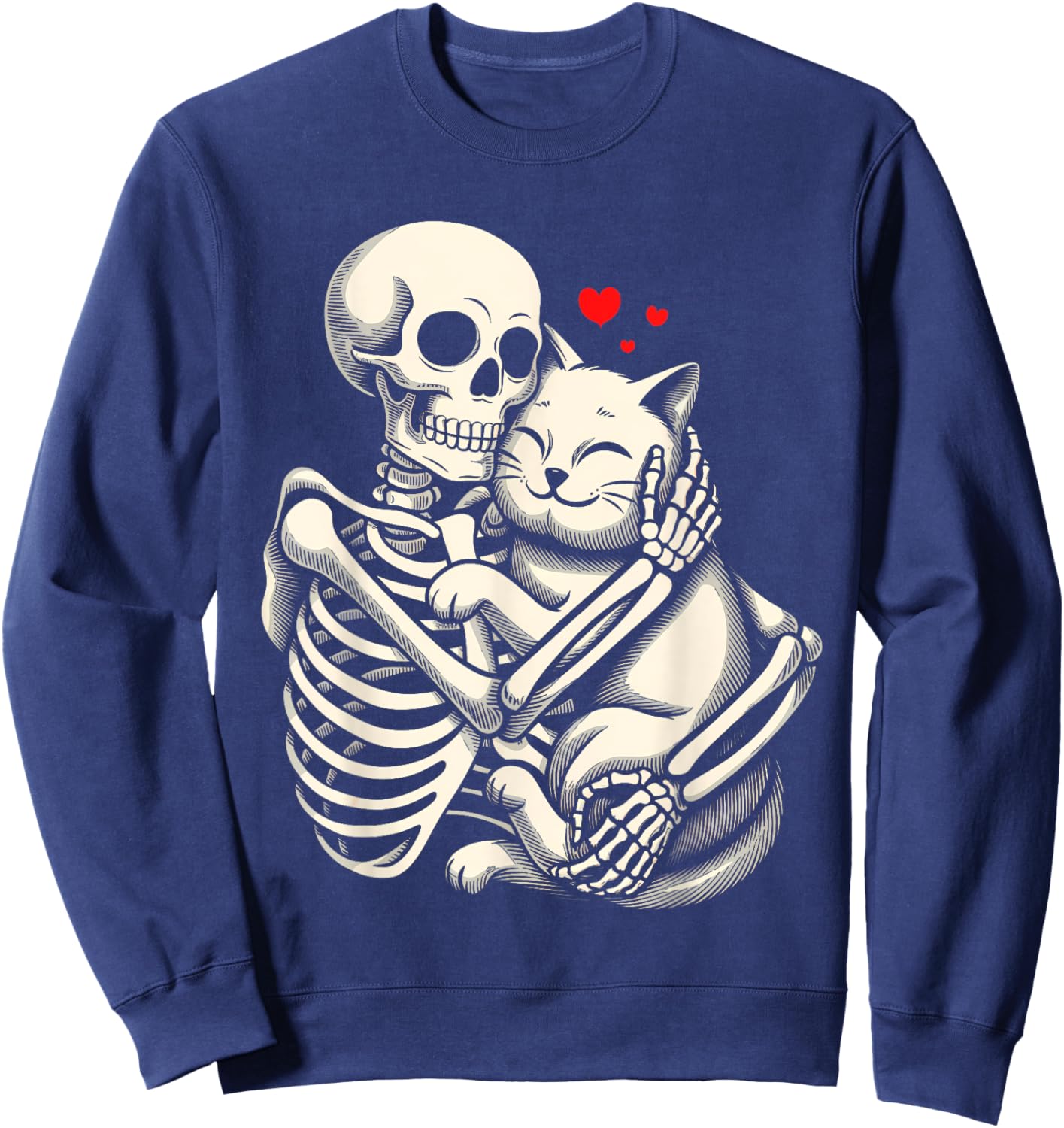 Skeleton Hugging Cat Halloween Cat Lover Cat Mom Dad Women Kids Sweatshirt - Sweatshirt | Navy