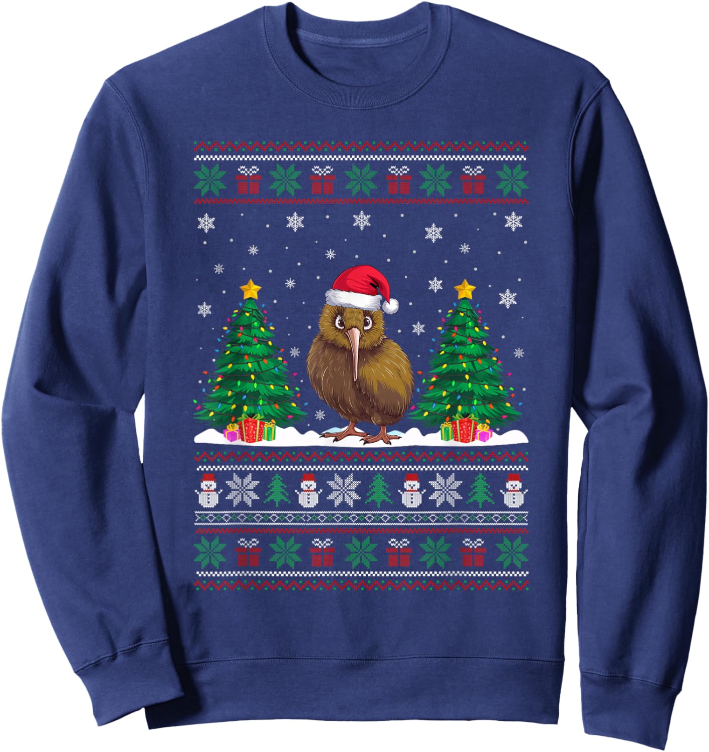 Santa Hat Kiwi Bird Christmas Tree Lights Ugly Sweater Sweatshirt - Sweatshirt | Navy