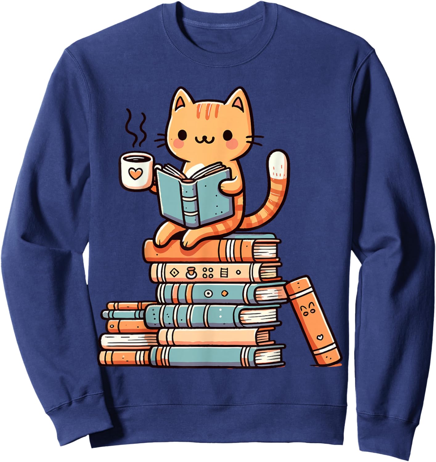 Kawaii Cat Coffee Books Teacher Men Women Girls Kids Sweatshirt - Sweatshirt | Navy