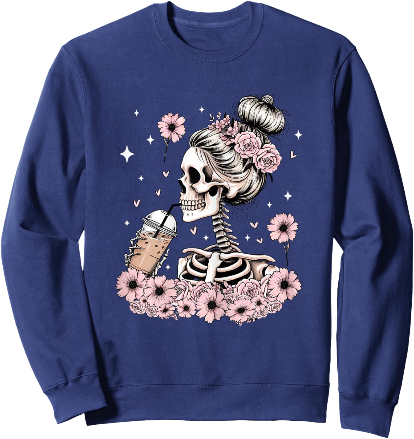Halloween Skeleton Messy Bun Coffee Funny Costume Mom Women Sweatshirt - Sweatshirt | Navy
