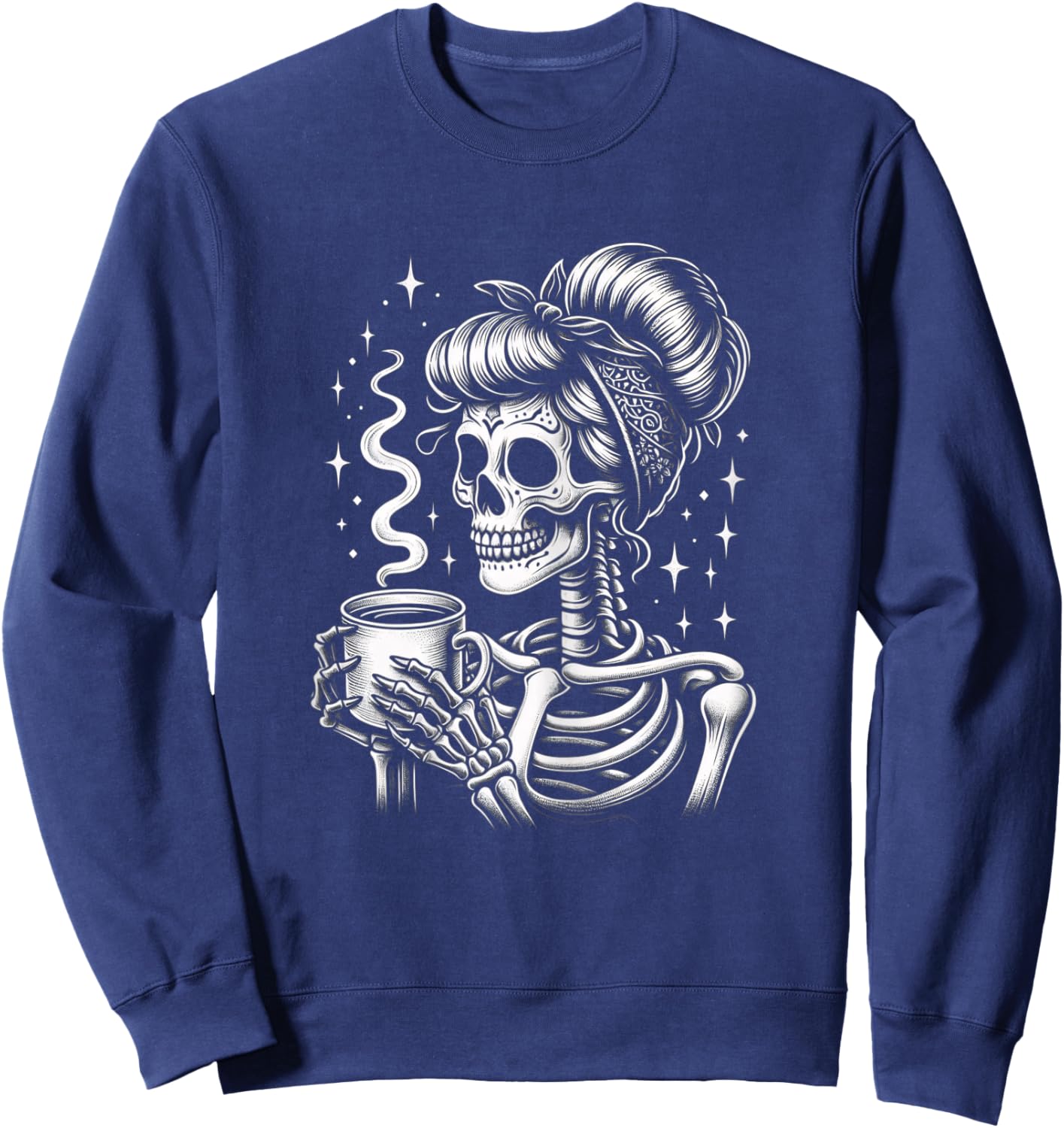 Halloween Skeleton Messy Bun Coffee Funny Costume Mom Women Sweatshirt - Sweatshirt | Navy