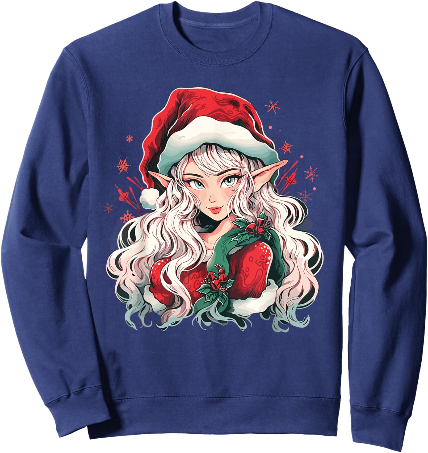 Christmas Elf Beautiful Anime Girl Cute Waifu Manga Graphic Sweatshirt - Sweatshirt | Navy