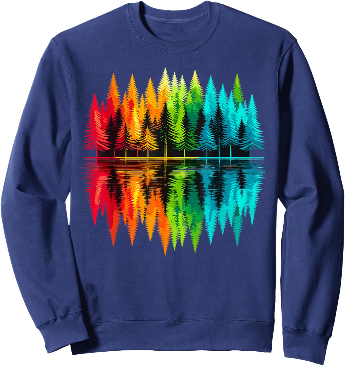 Colorful Trees Nature Landscape -Adults , Black, Small, Short Sleeve, Polyester 100%, Nature Themed, Outdoor Adventure Sweatshirt - Sweatshirt | Navy