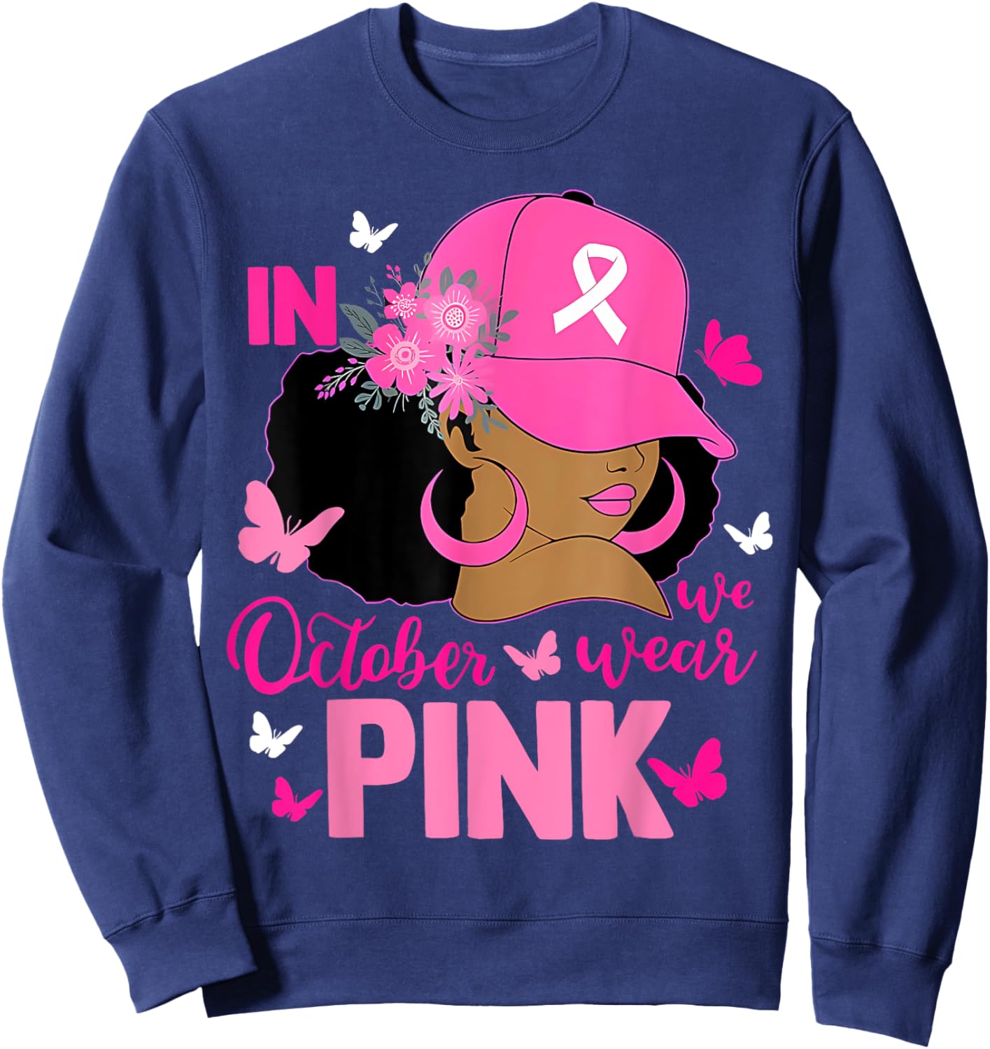 Messy Bun In October We Wear Pink Messy Bun Black Women Sweatshirt - Sweatshirt | Navy