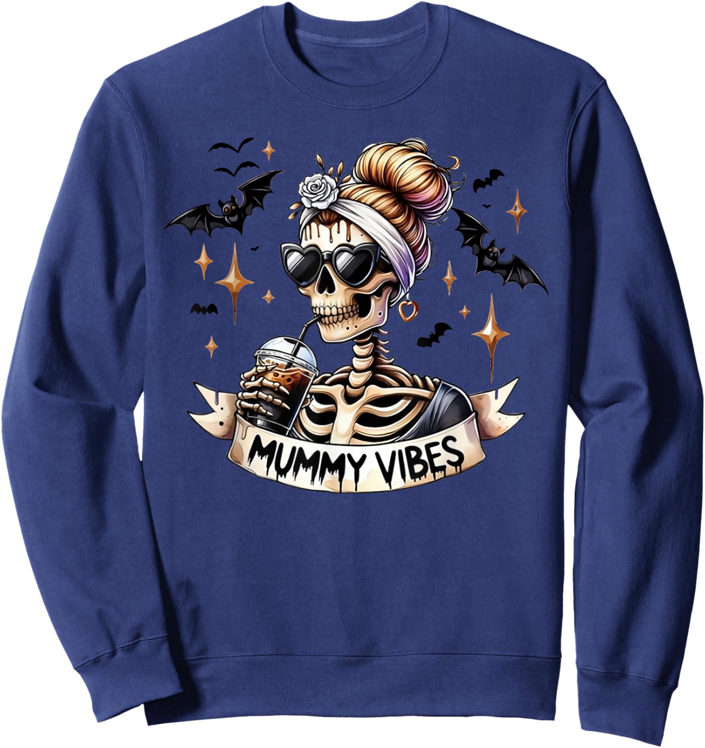 Mummy Vibes Skeleton Coffee Mom Spooky Season Halloween Sweatshirt - Sweatshirt | Navy