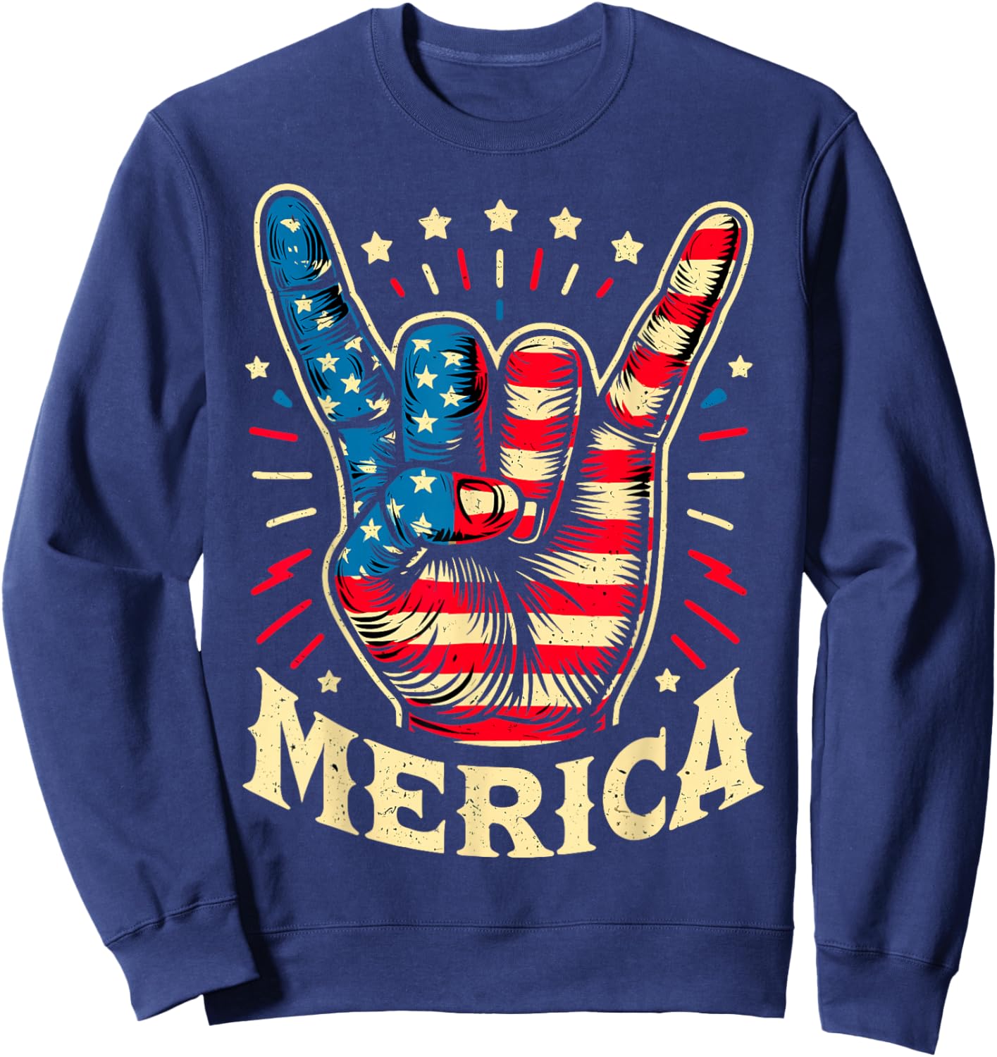 Merica 4th of July Rock and Roll USA Flag Sweatshirt - Sweatshirt | Navy