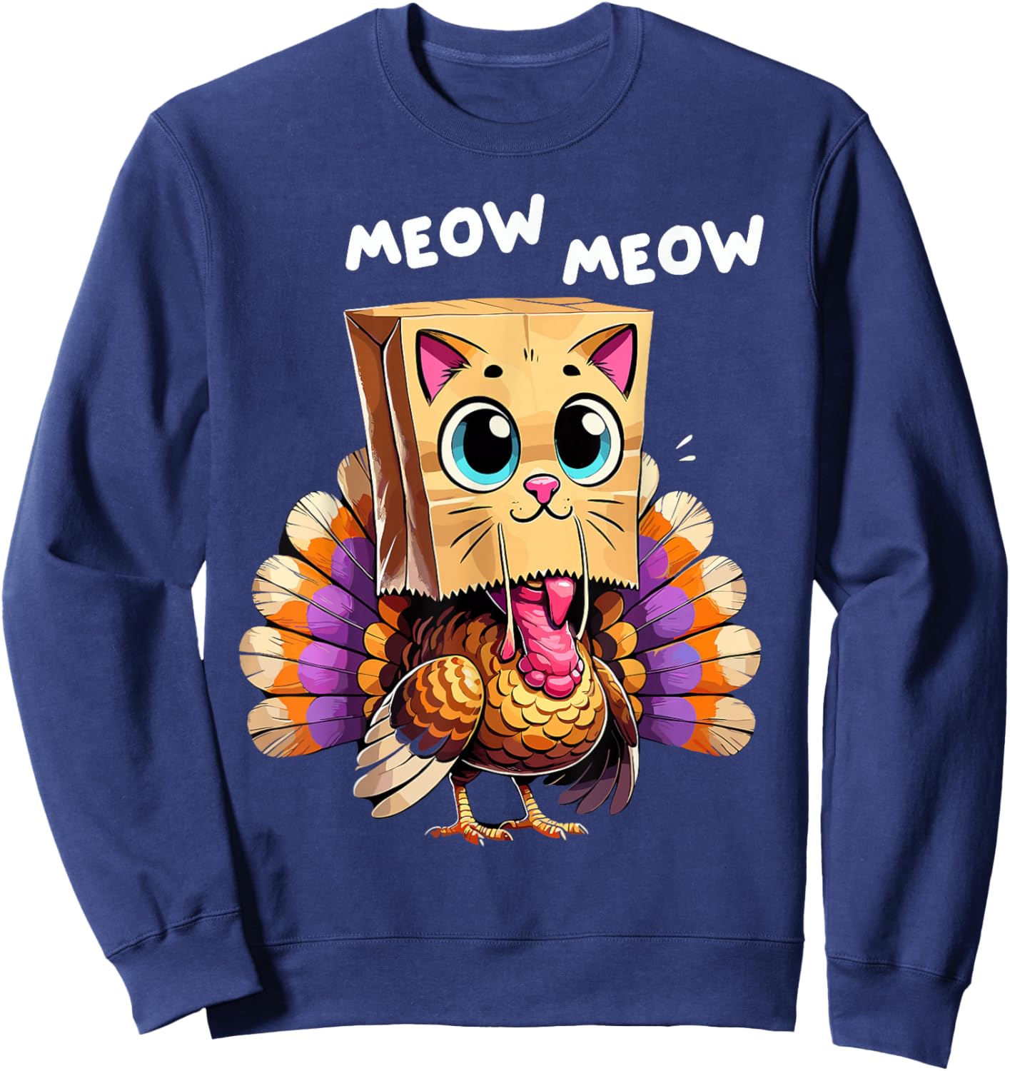 Turkey Cat Meow Thanksgiving Shirts Women Thanksgiving Gifts Sweatshirt - Sweatshirt | Navy