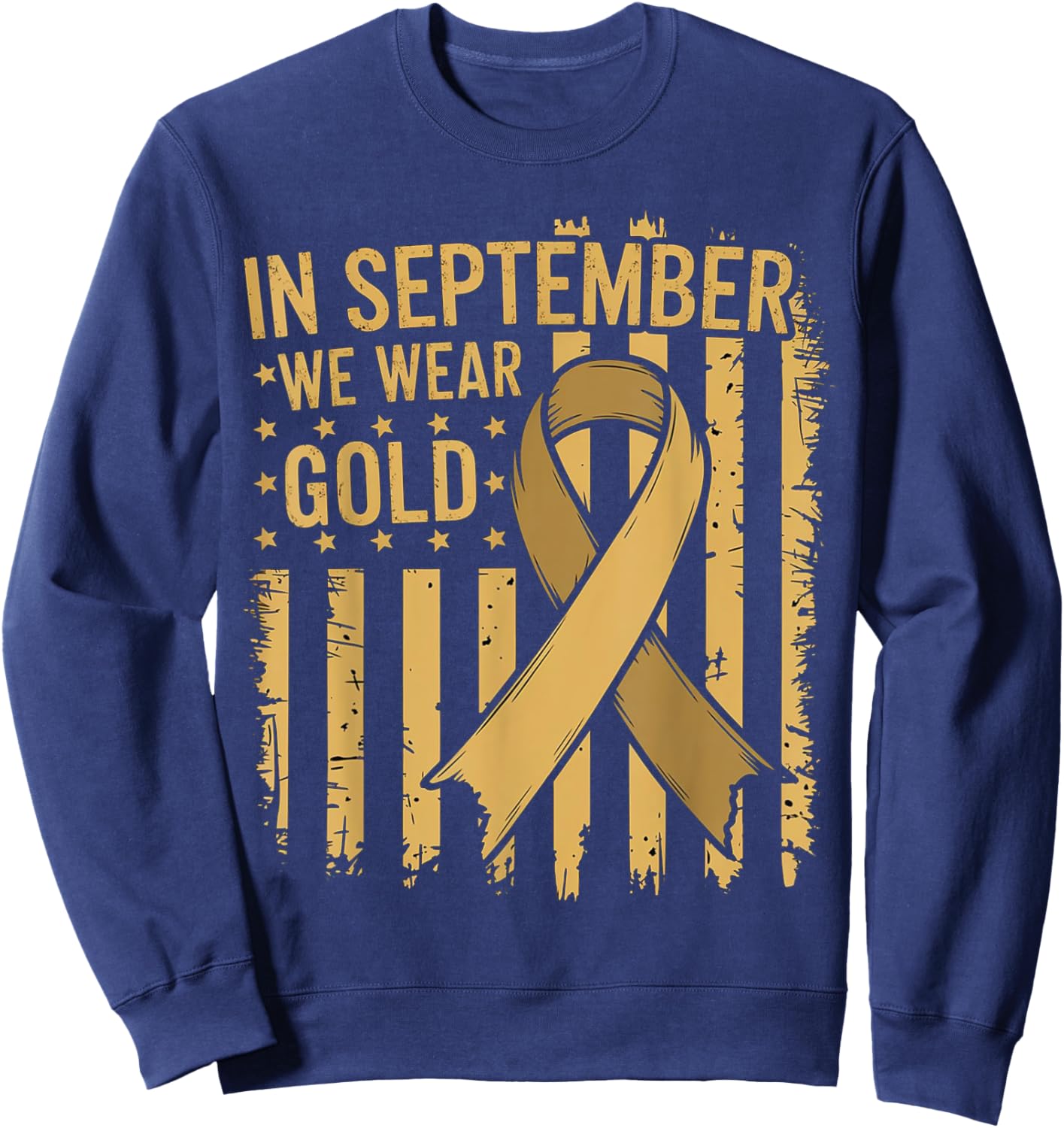 In September We Wear Gold Childhood Cancer Awareness US Flag Sweatshirt - Sweatshirt | Navy