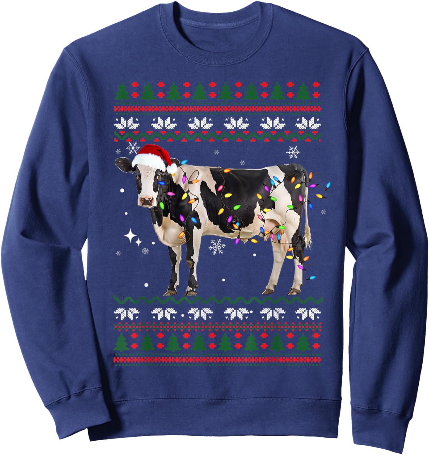 Funny Ugly Xmas Sweater Dairy Cow Farmer Lights Christmas Sweatshirt - Sweatshirt | Navy
