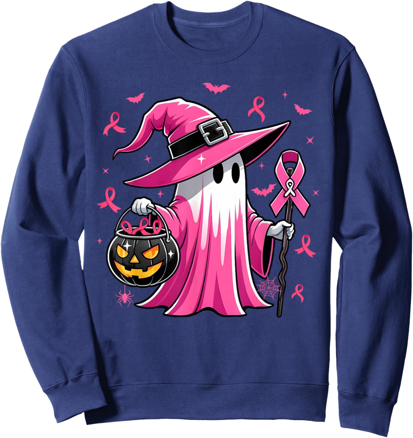 Halloween Pink Ghost Witch Breast Cancer Awareness Women Sweatshirt - Sweatshirt | Navy