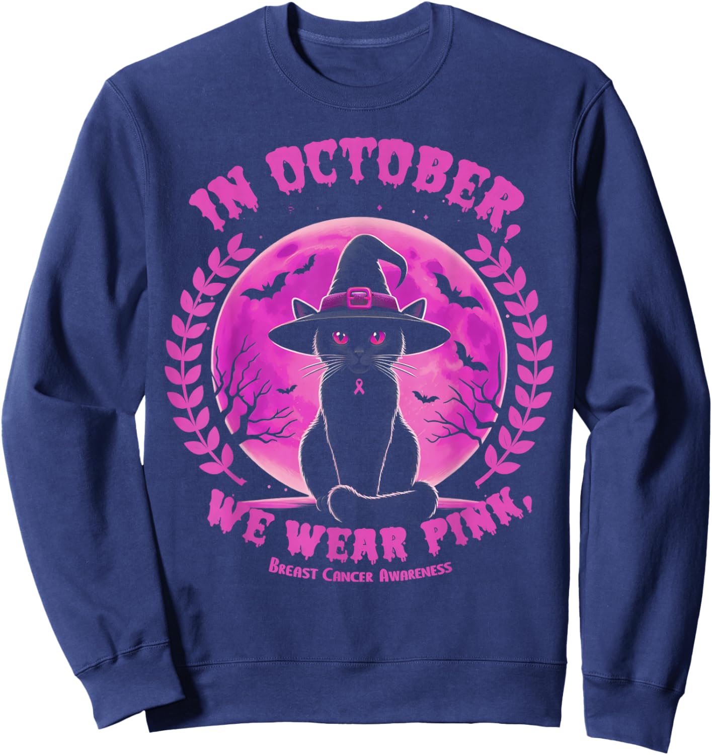 In October We Wear Pink Witch Cat Halloween Breast Cancer Sweatshirt - Sweatshirt | Navy