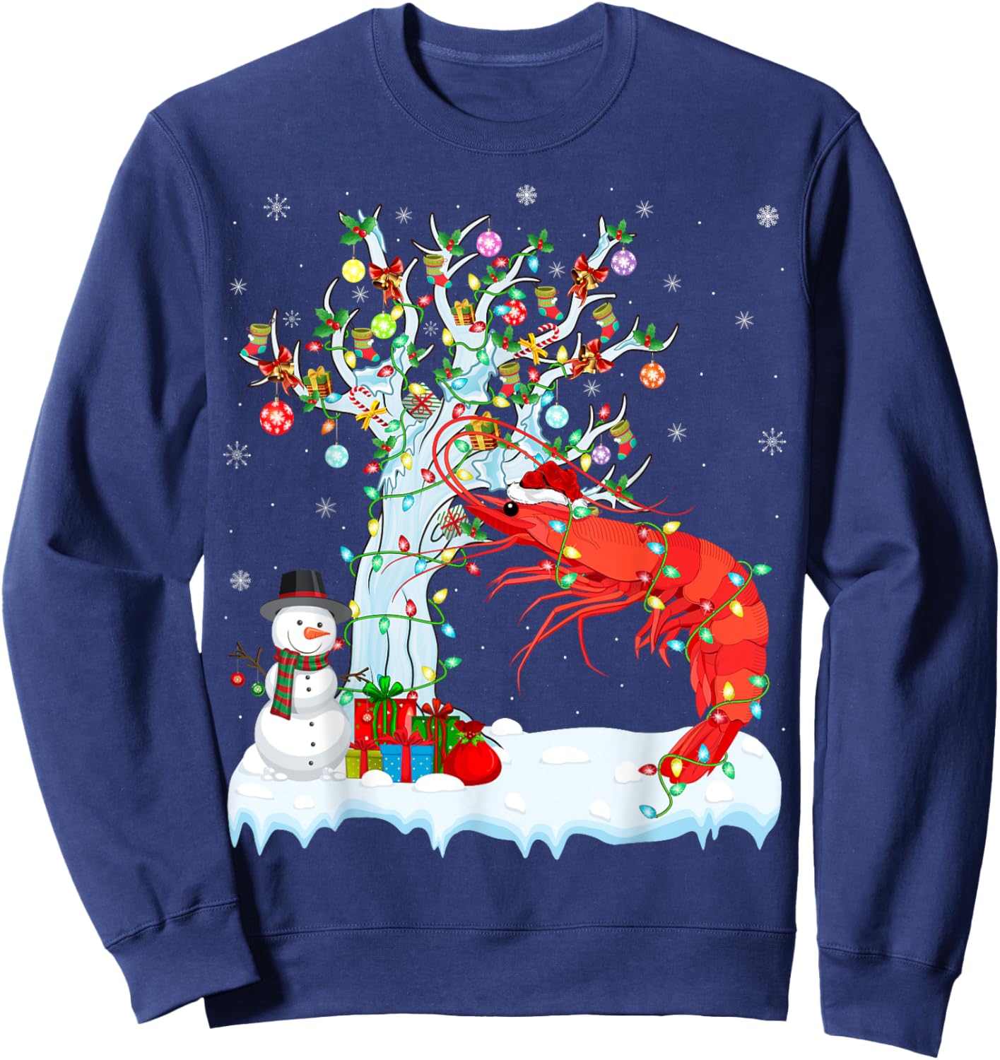 Shrimp Fish Xmas Lighting Tree Santa Hat Shrimp Christmas Sweatshirt - Sweatshirt | Navy
