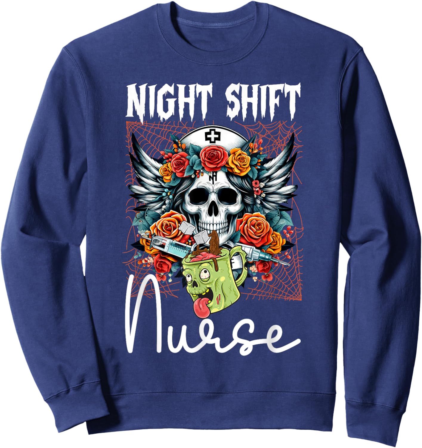 Floral Night Shift Nurse Skeleton Halloween RN Nurses Skull Sweatshirt - Sweatshirt | Navy