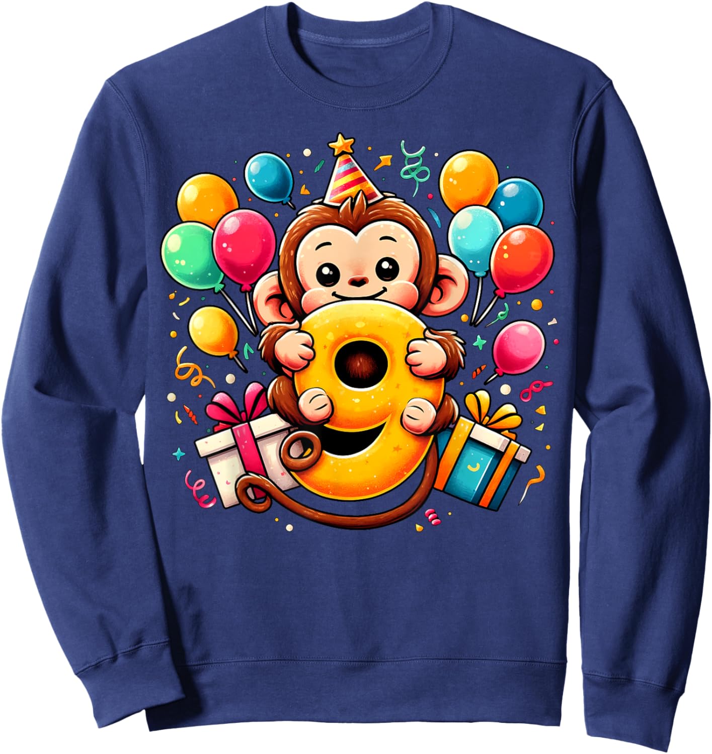 Monkey 9th birthday boy girl 9 years old ninth nine Monkey Sweatshirt - Sweatshirt | Navy