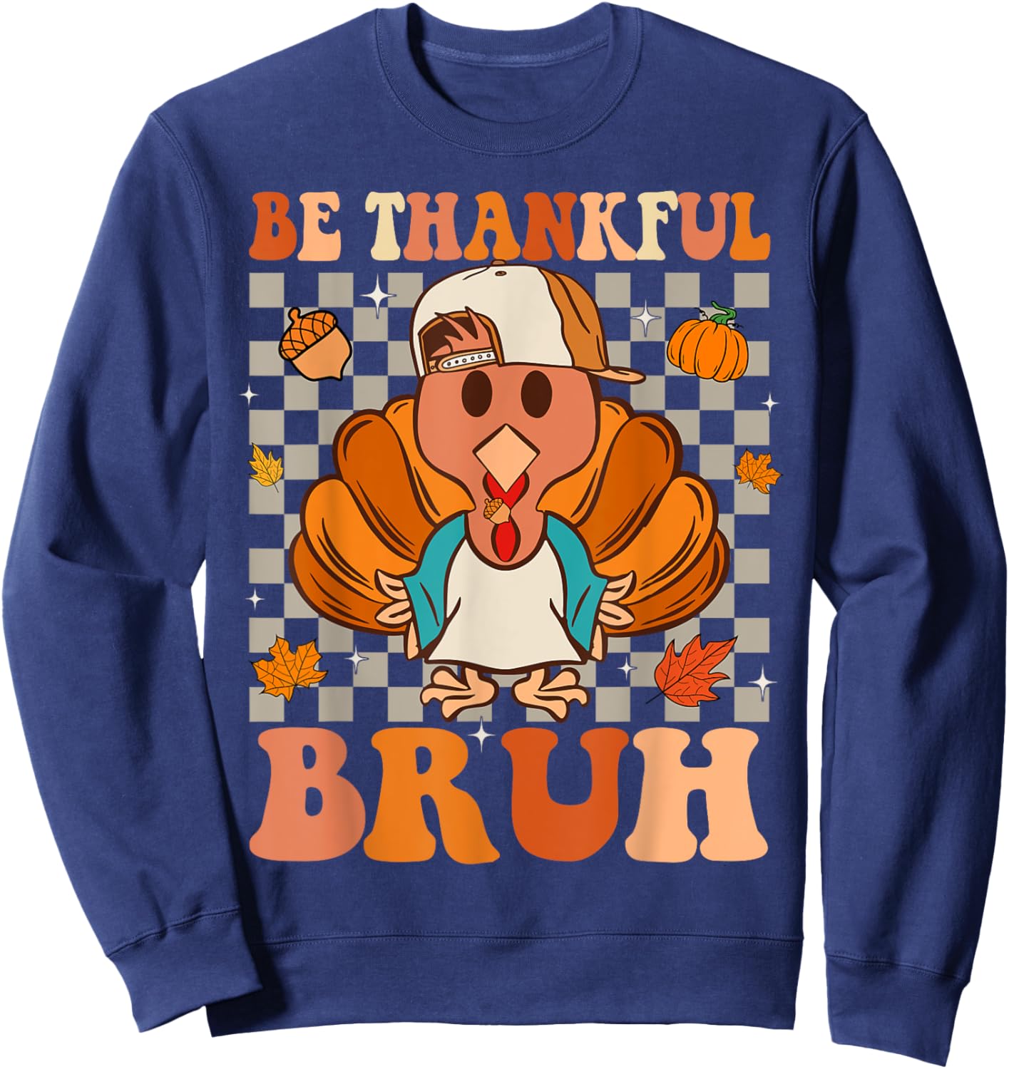 Bruh Meme Funny Thanksgiving Turkey Thankful Retro Boys Sweatshirt - Sweatshirt | Navy