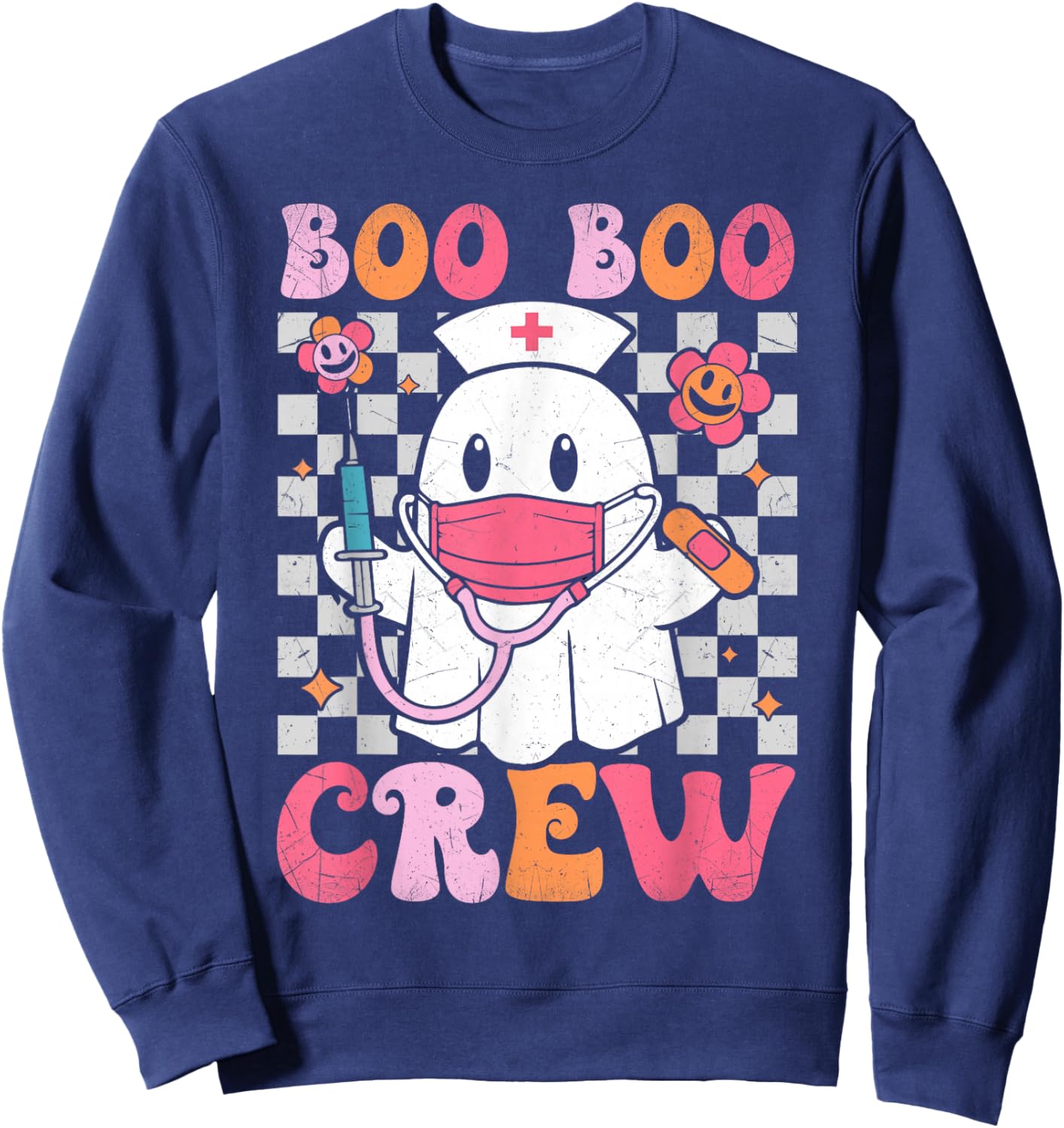 Boo Boo Crew Halloween Ghost Nurse Cute Boo Nursing Groovy Sweatshirt - Sweatshirt | Navy