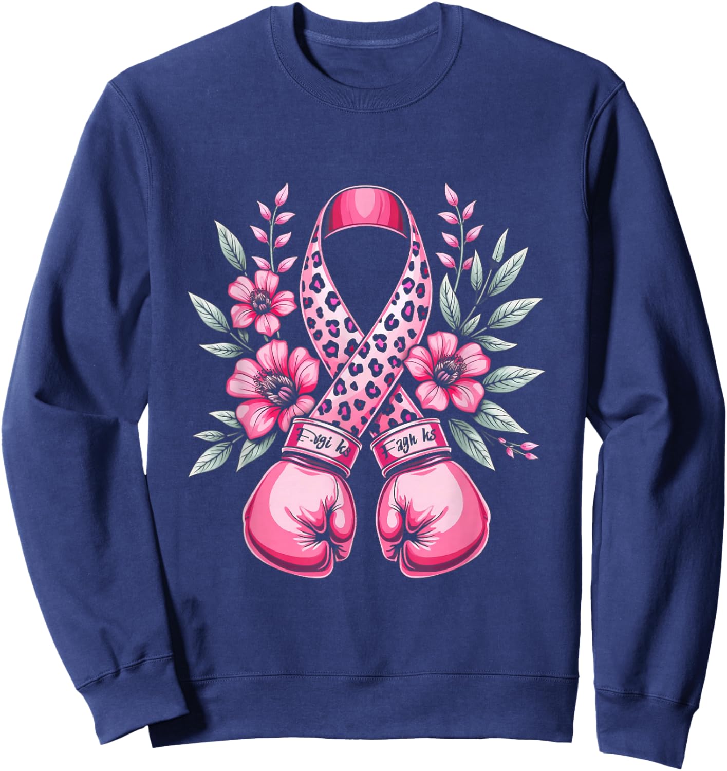 Pink Ribbon Leopard Print Boxing Gloves Breast Cancer Design Sweatshirt - Sweatshirt | Navy